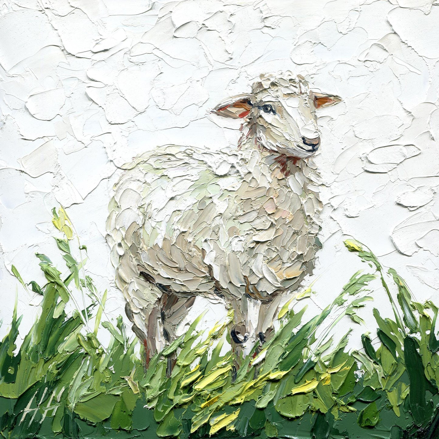Sheep Oil painting, Original pastoral landscape: textured impasto palette knife farm animal art