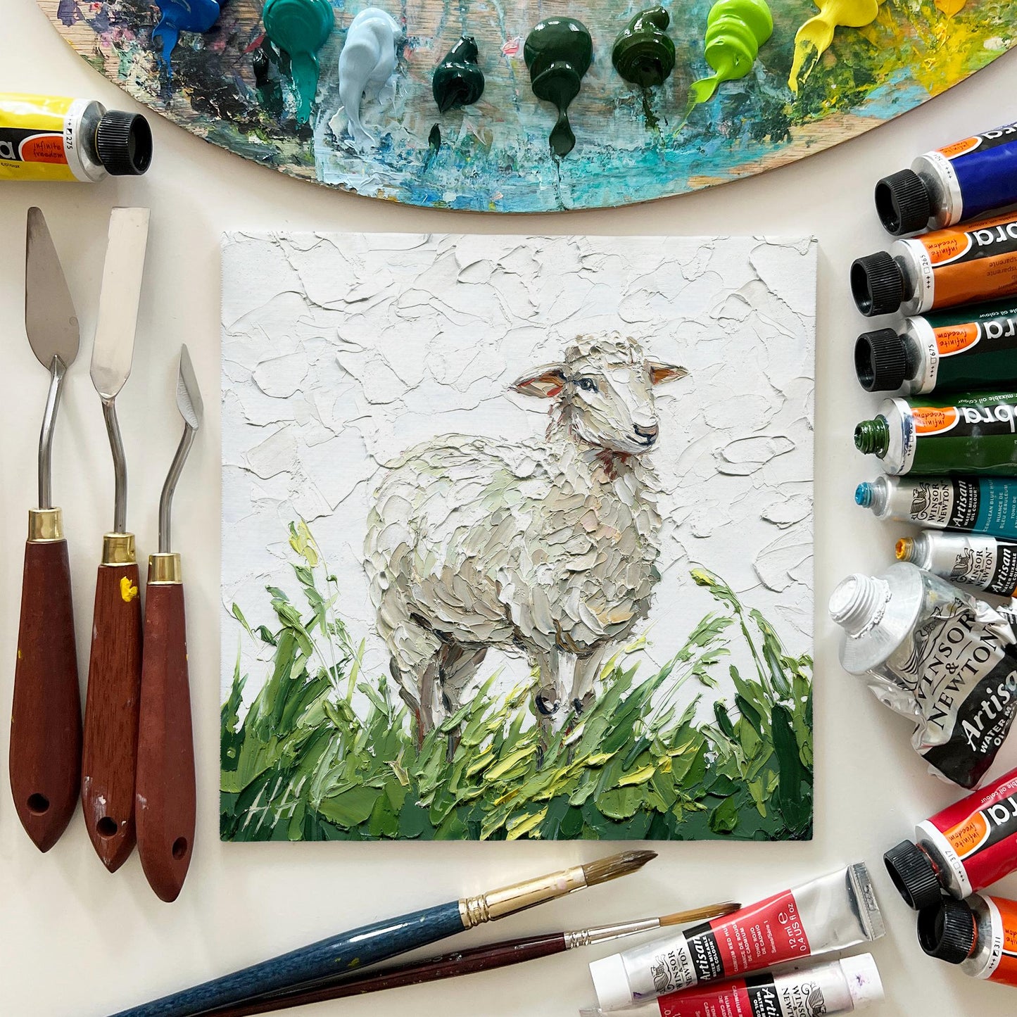 Sheep Oil painting, Original pastoral landscape: textured impasto palette knife farm animal art