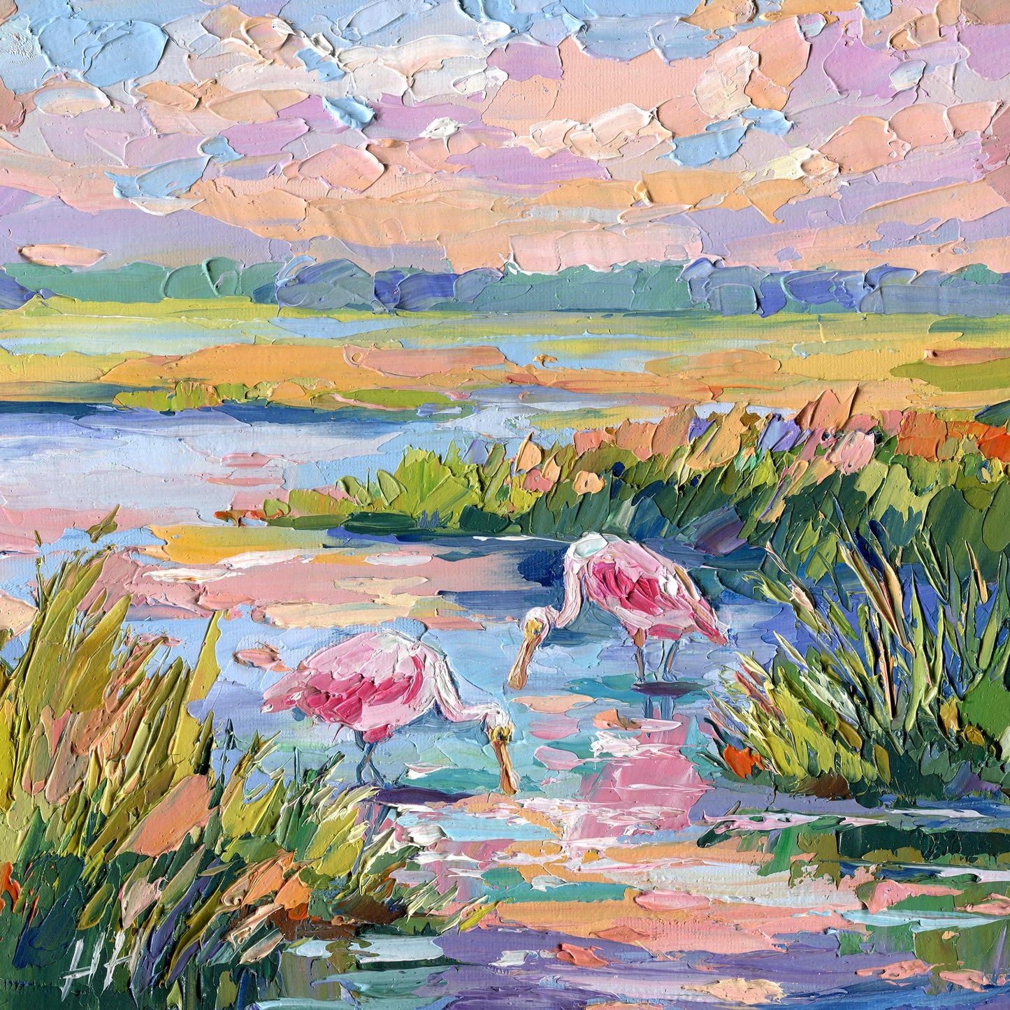 Florida Landscape Oil Painting, Original Pink Birds Spoonbills, Colorful Wetland Marsh, Textured Palette Knife