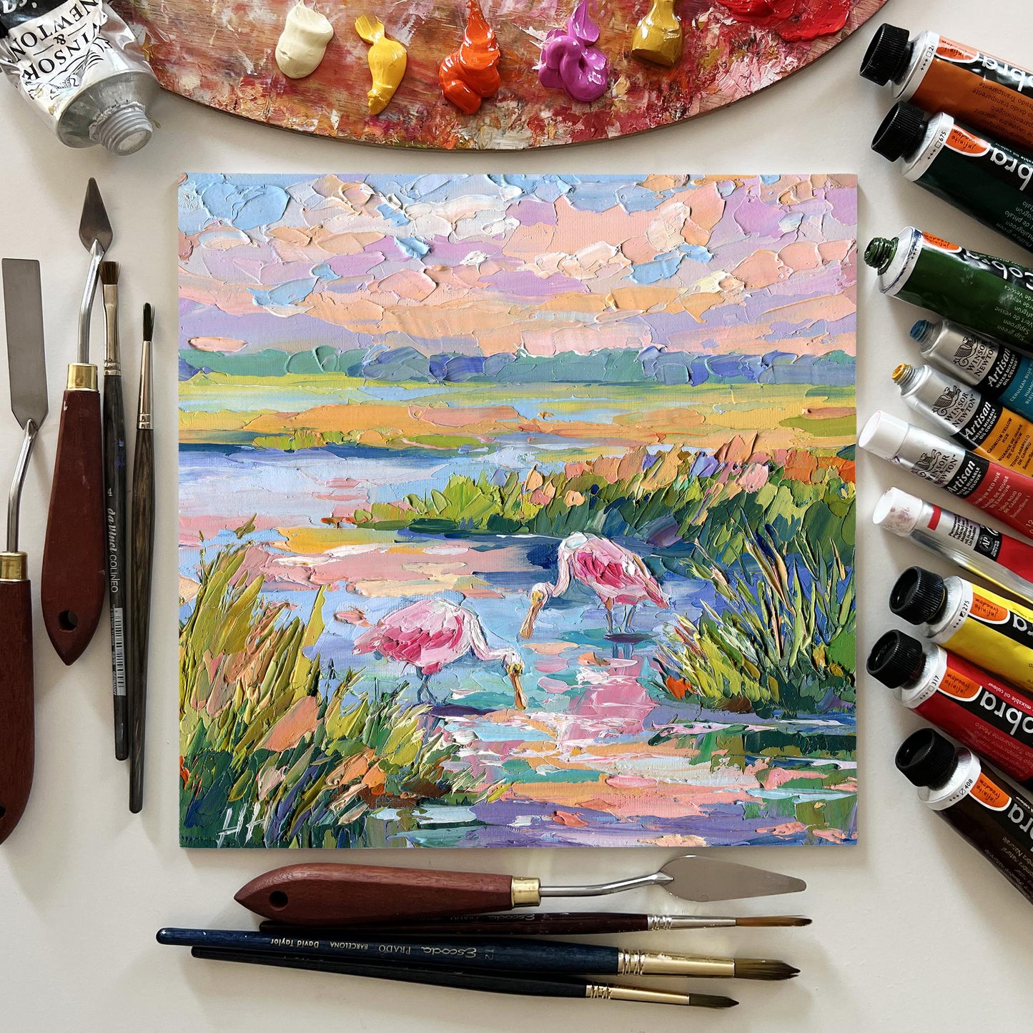 Florida Landscape Oil Painting, Original Pink Birds Spoonbills, Colorful Wetland Marsh, Textured Palette Knife
