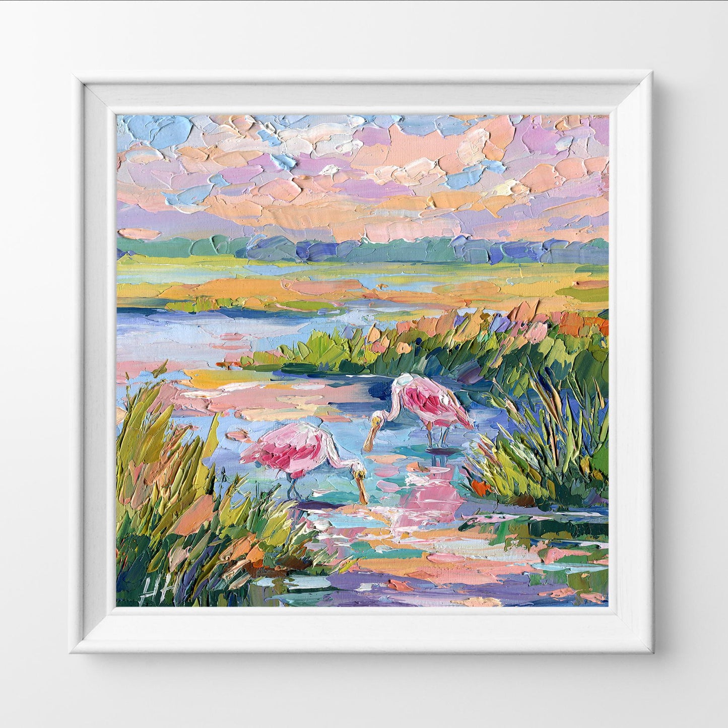 Florida Landscape Oil Painting, Original Pink Birds Spoonbills, Colorful Wetland Marsh, Textured Palette Knife