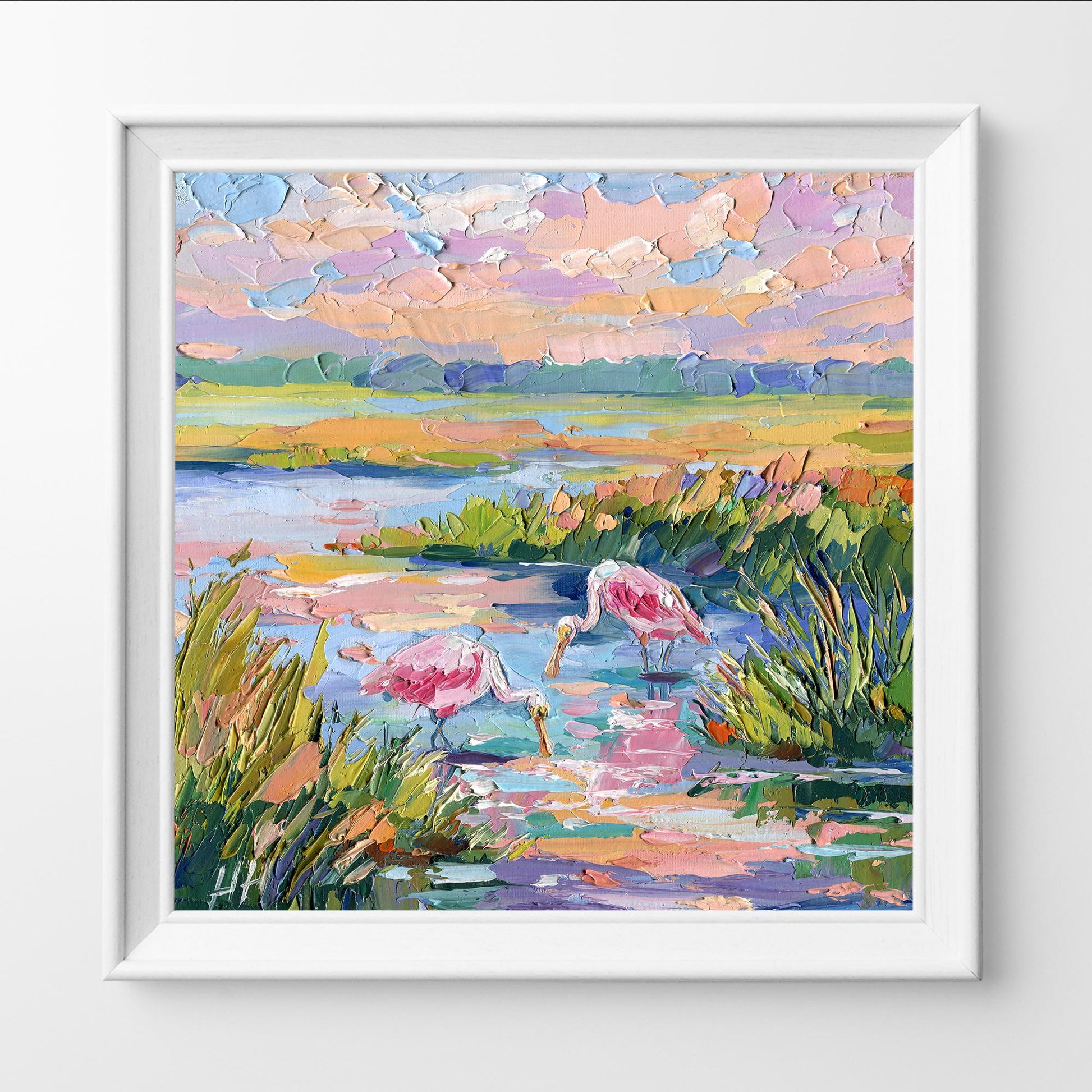 Florida Landscape Oil Painting, Original Pink Birds Spoonbills, Colorful Wetland Marsh, Textured Palette Knife