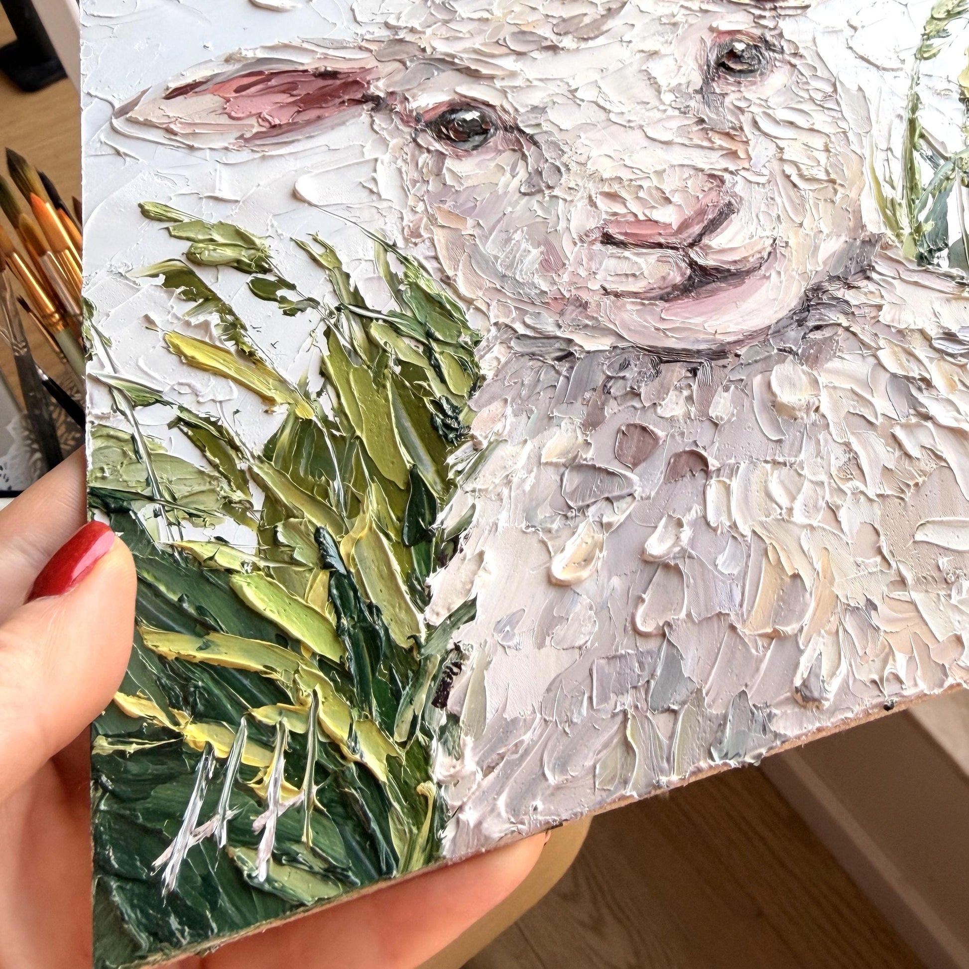 Original Lamb Oil Painting, Textured Sheep Art, Palette Knife Farm Animal Painting