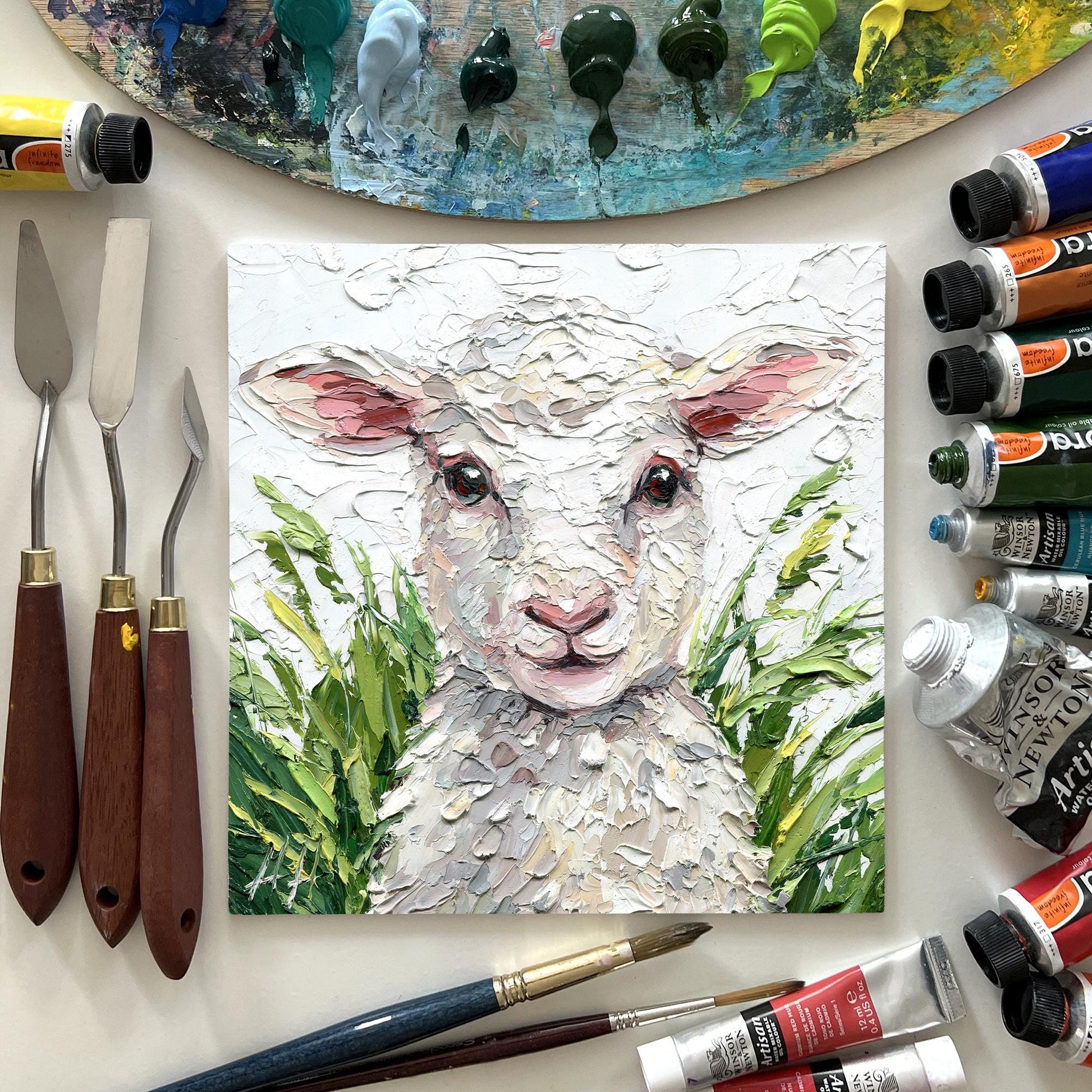 Original Lamb Oil Painting, Textured Sheep Art, Palette Knife Farm Animal Painting