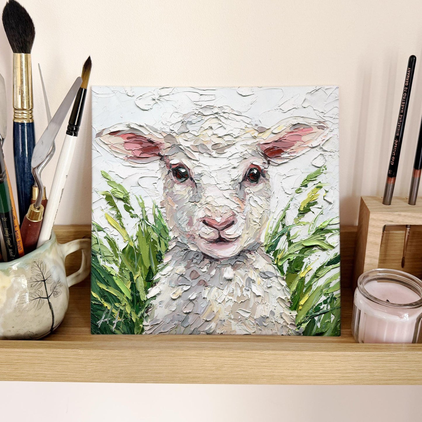 Original Lamb Oil Painting, Textured Sheep Art, Palette Knife Farm Animal Painting