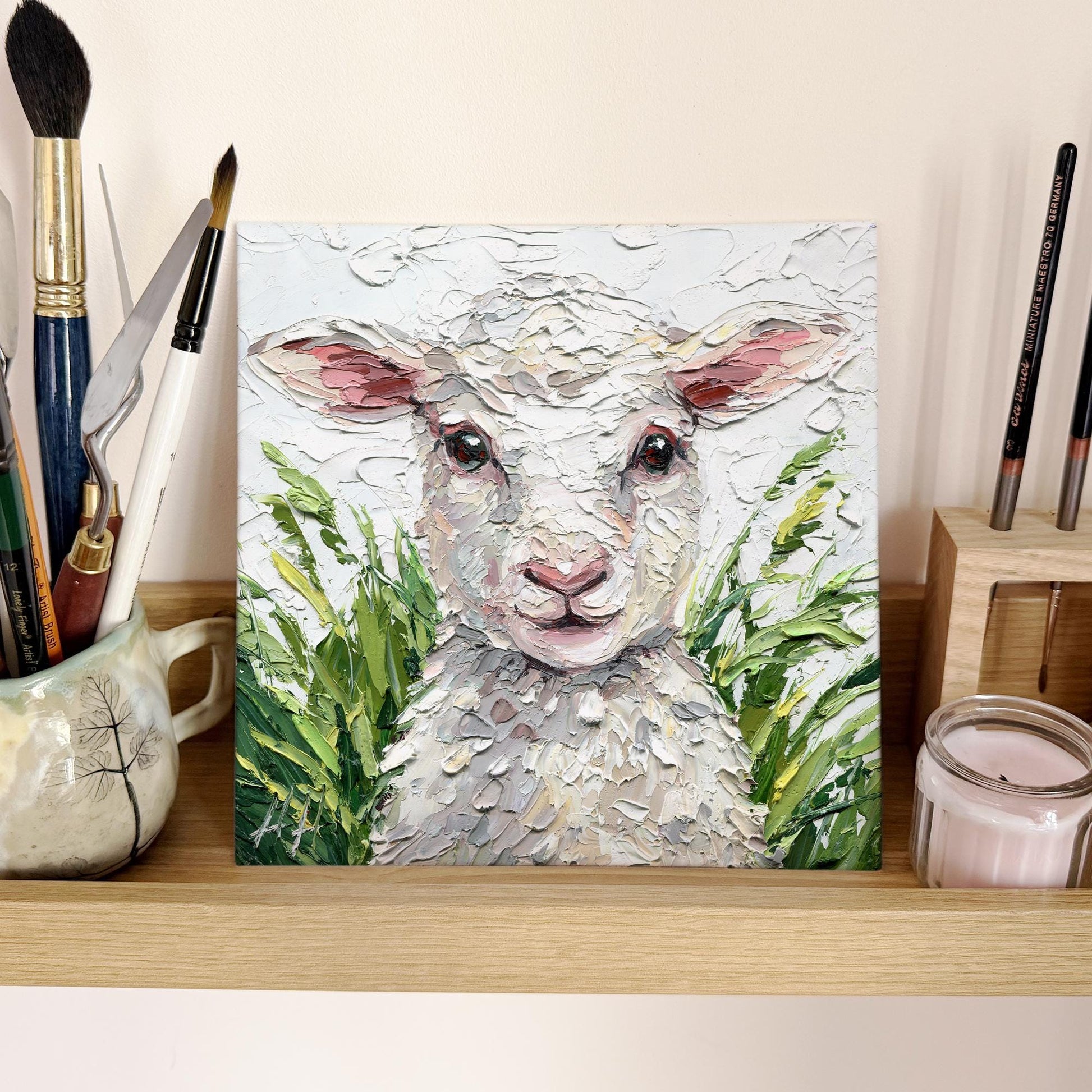 Original Lamb Oil Painting, Textured Sheep Art, Palette Knife Farm Animal Painting