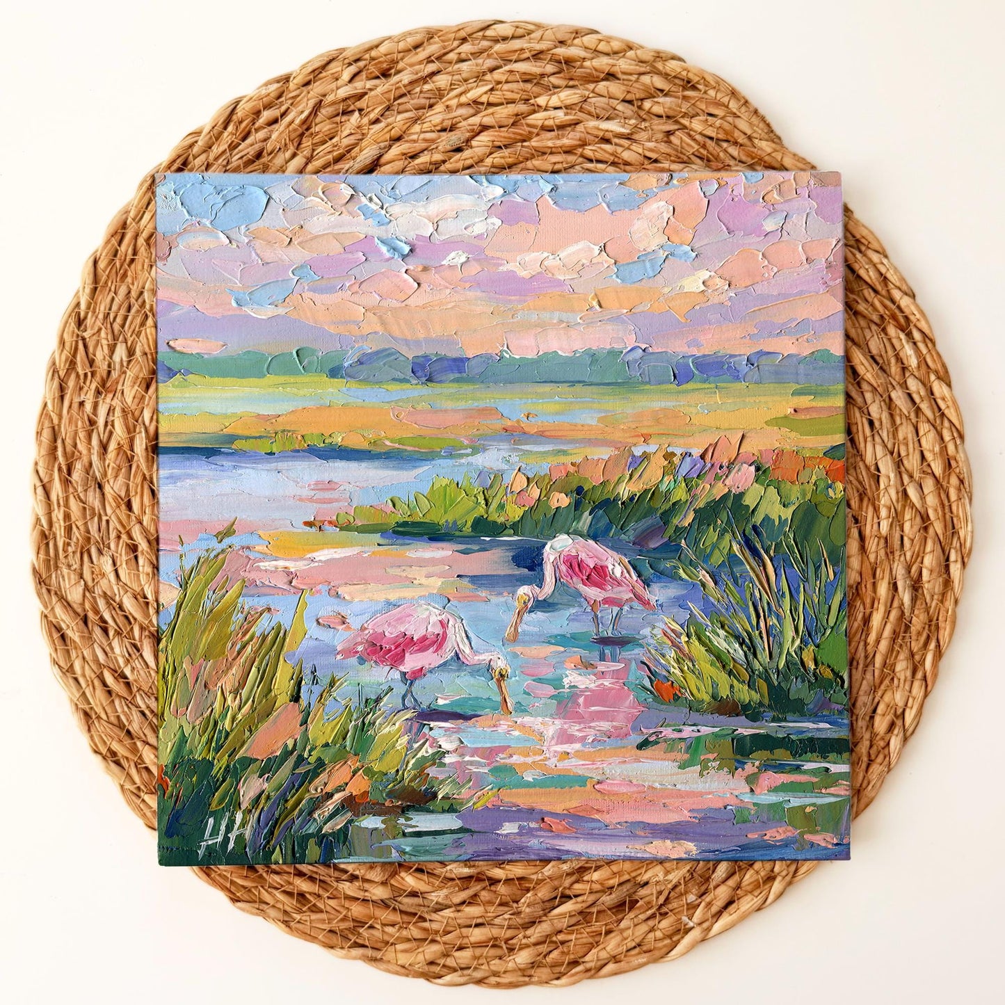 Florida Landscape Oil Painting, Original Pink Birds Spoonbills, Colorful Wetland Marsh, Textured Palette Knife