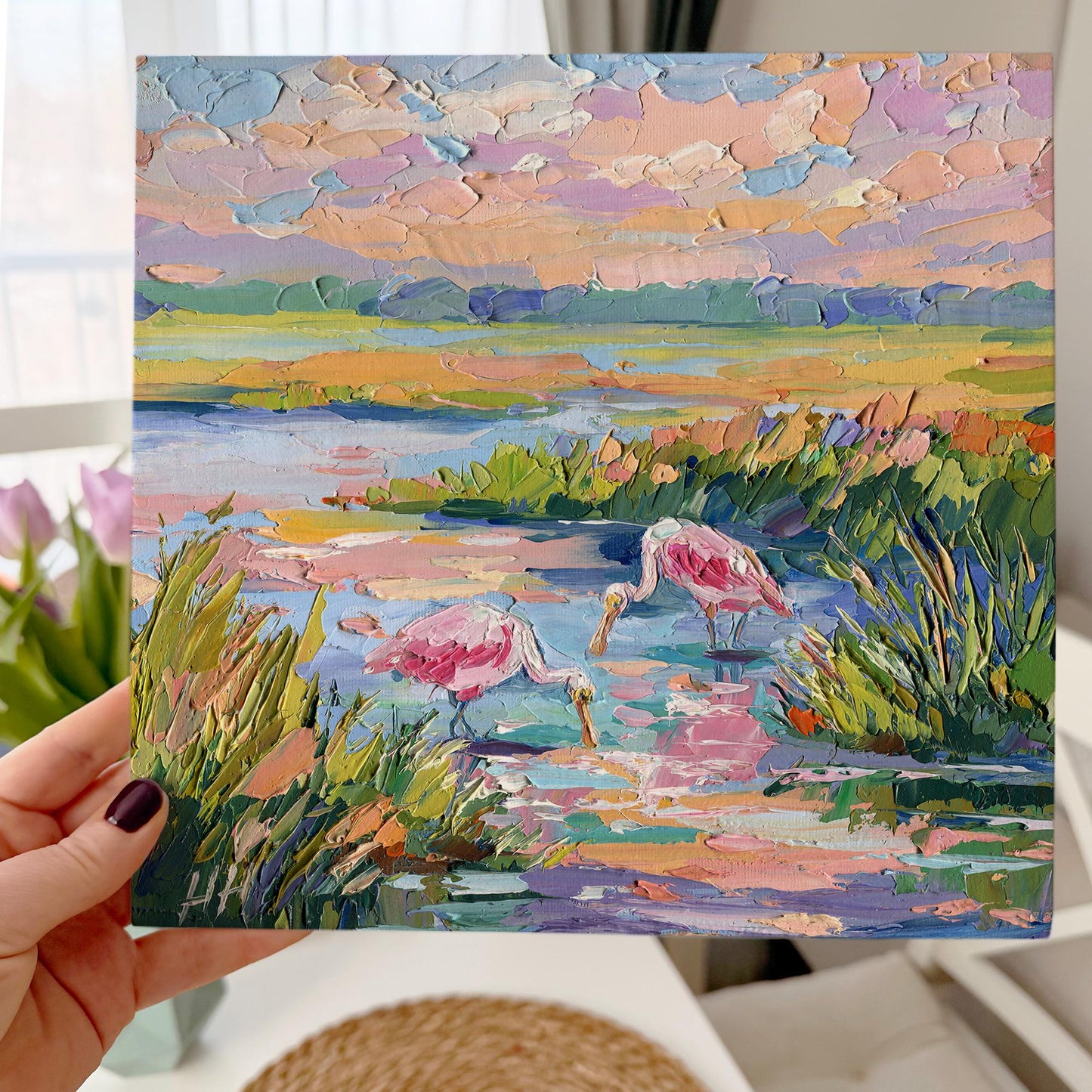 Florida Landscape Oil Painting, Original Pink Birds Spoonbills, Colorful Wetland Marsh, Textured Palette Knife
