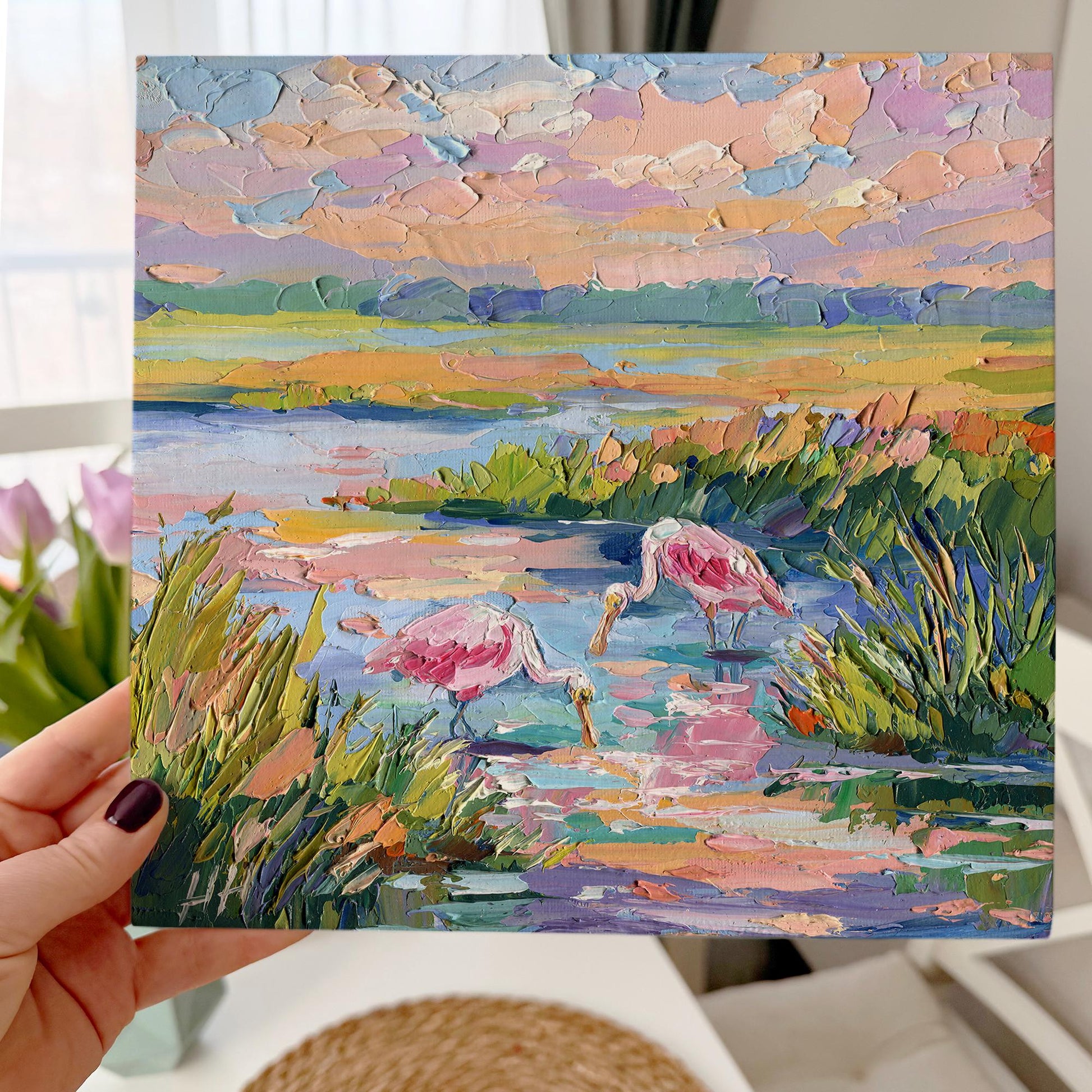 Florida Landscape Oil Painting, Original Pink Birds Spoonbills, Colorful Wetland Marsh, Textured Palette Knife