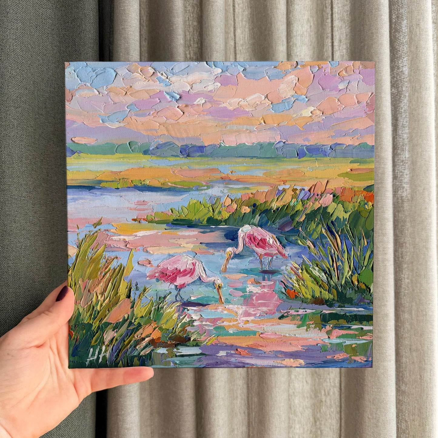 Florida Landscape Oil Painting, Original Pink Birds Spoonbills, Colorful Wetland Marsh, Textured Palette Knife