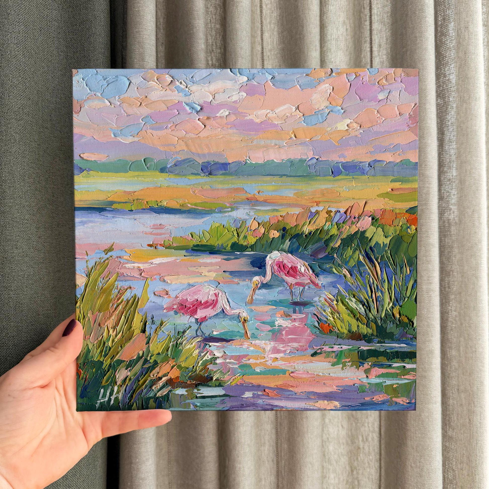 Florida Landscape Oil Painting, Original Pink Birds Spoonbills, Colorful Wetland Marsh, Textured Palette Knife