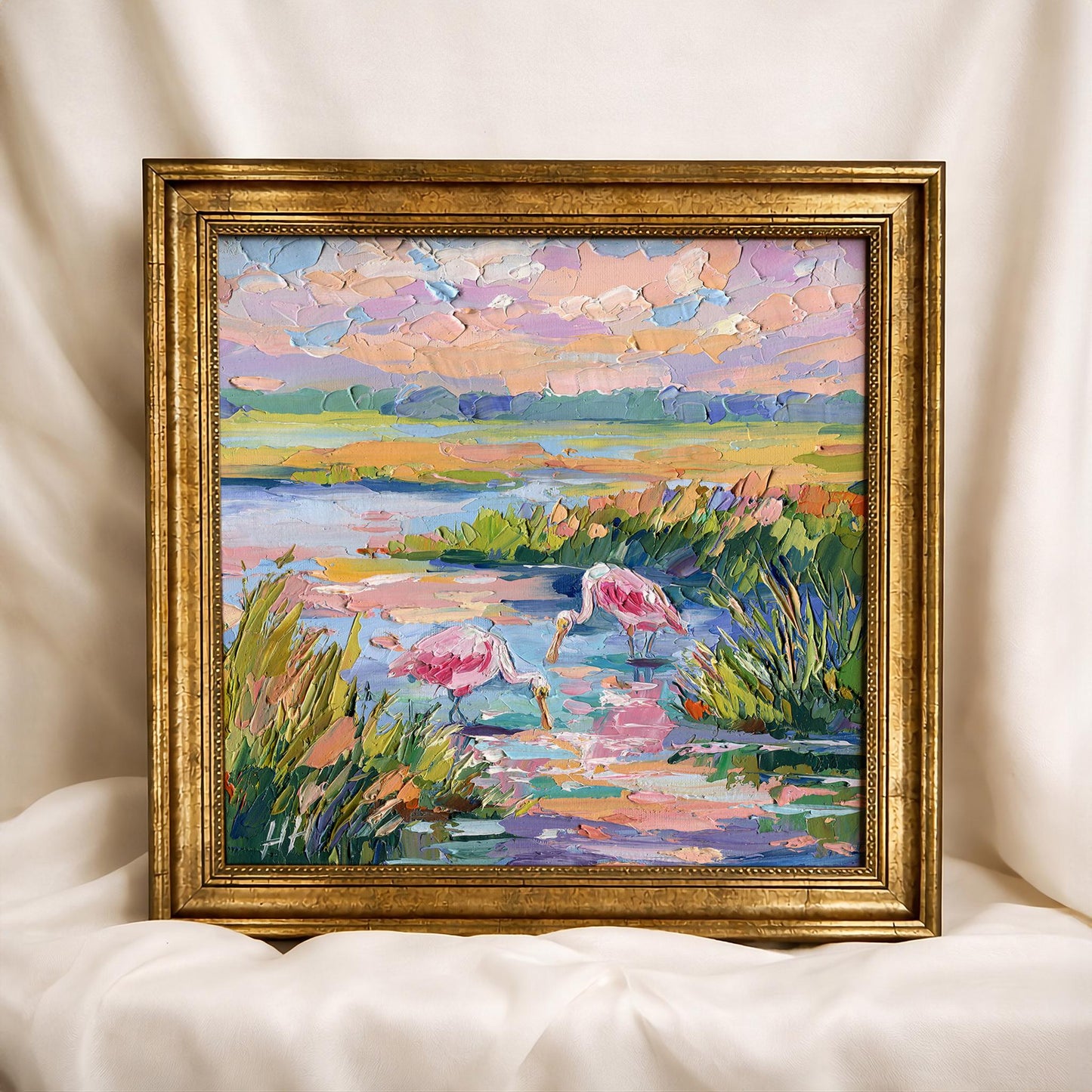 Florida Landscape Oil Painting, Original Pink Birds Spoonbills, Colorful Wetland Marsh, Textured Palette Knife