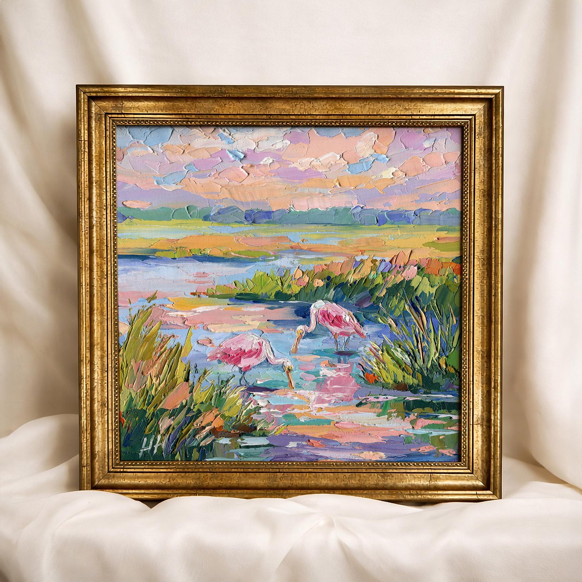 Florida Landscape Oil Painting, Original Pink Birds Spoonbills, Colorful Wetland Marsh, Textured Palette Knife