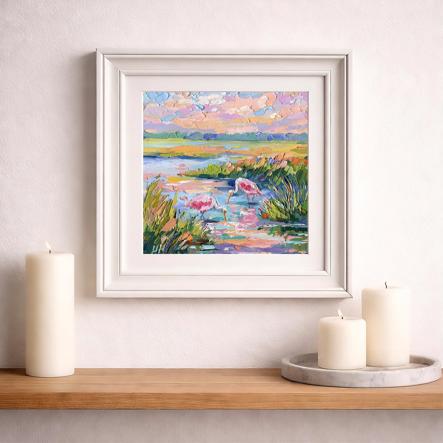 Florida Landscape Oil Painting, Original Pink Birds Spoonbills, Colorful Wetland Marsh, Textured Palette Knife