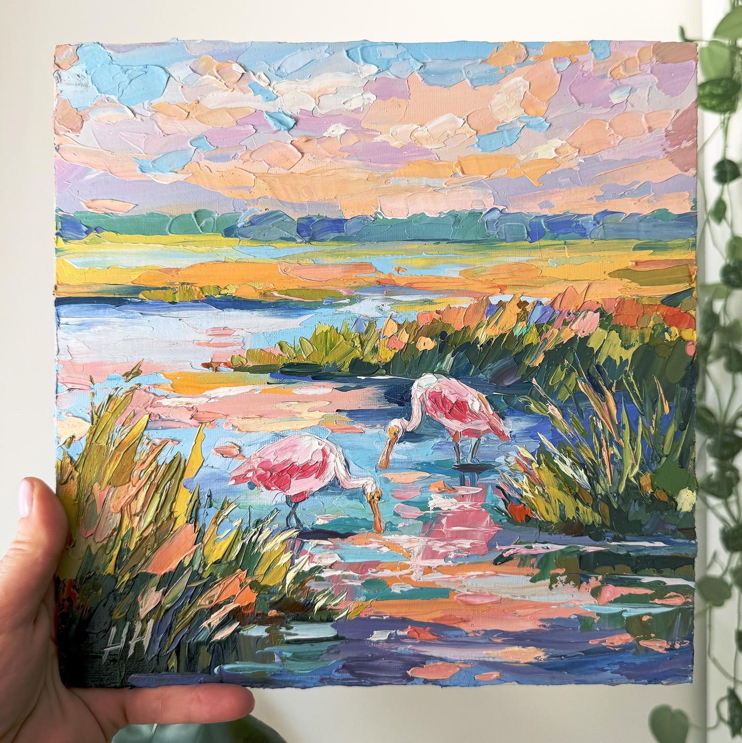 Florida Landscape Oil Painting, Original Pink Birds Spoonbills, Colorful Wetland Marsh, Textured Palette Knife