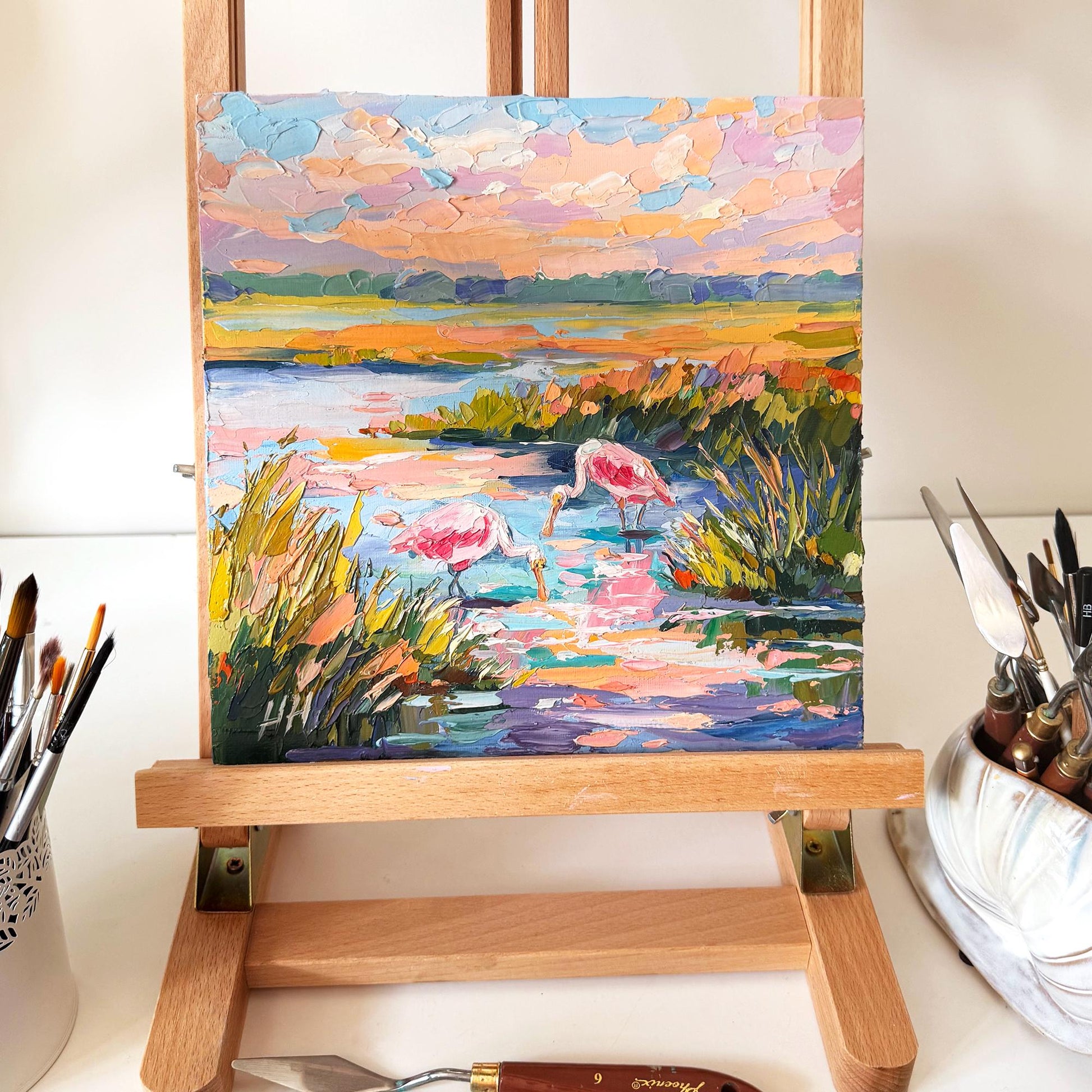 Florida Landscape Oil Painting, Original Pink Birds Spoonbills, Colorful Wetland Marsh, Textured Palette Knife