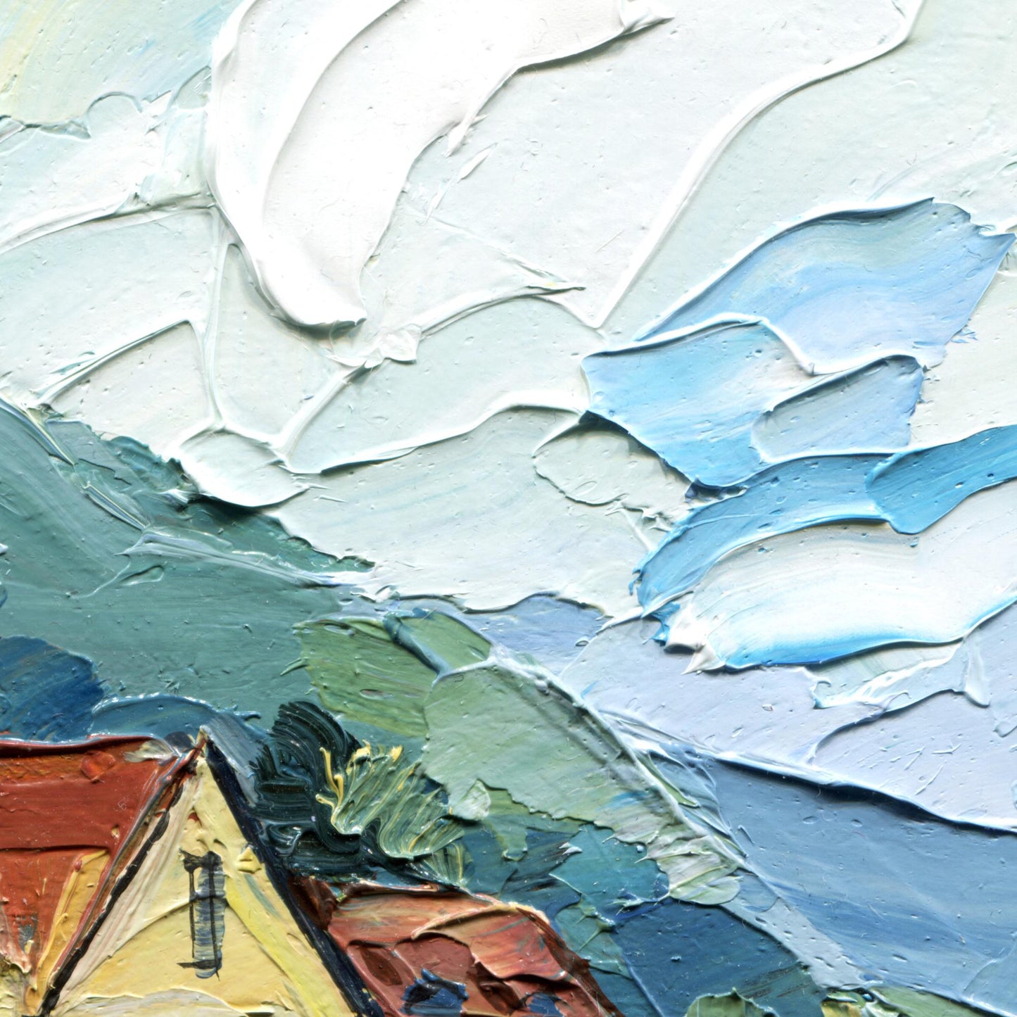 Bergen Harbor Oil Painting Colorful Scandinavian Houses by Water Nordic Coastal Landscape Original Art