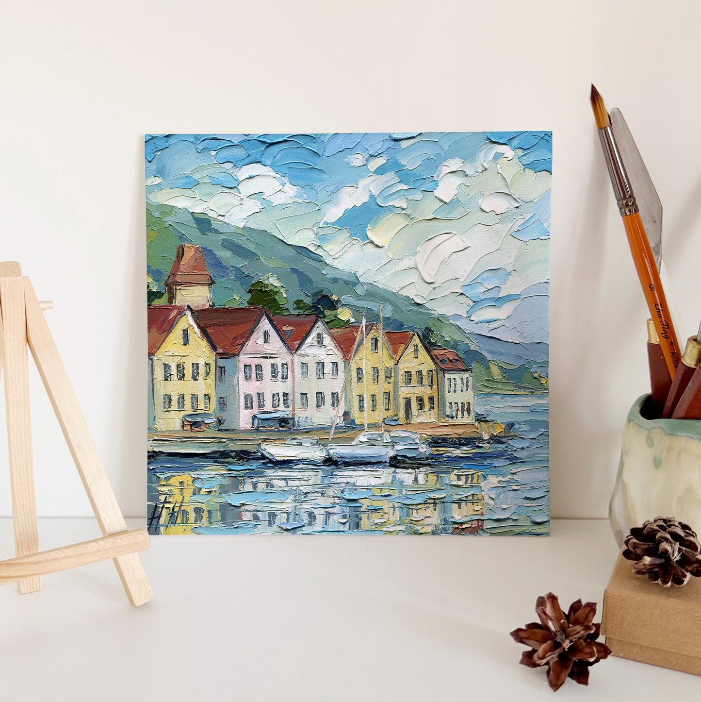Bergen Harbor Oil Painting Colorful Scandinavian Houses by Water Nordic Coastal Landscape Original Art