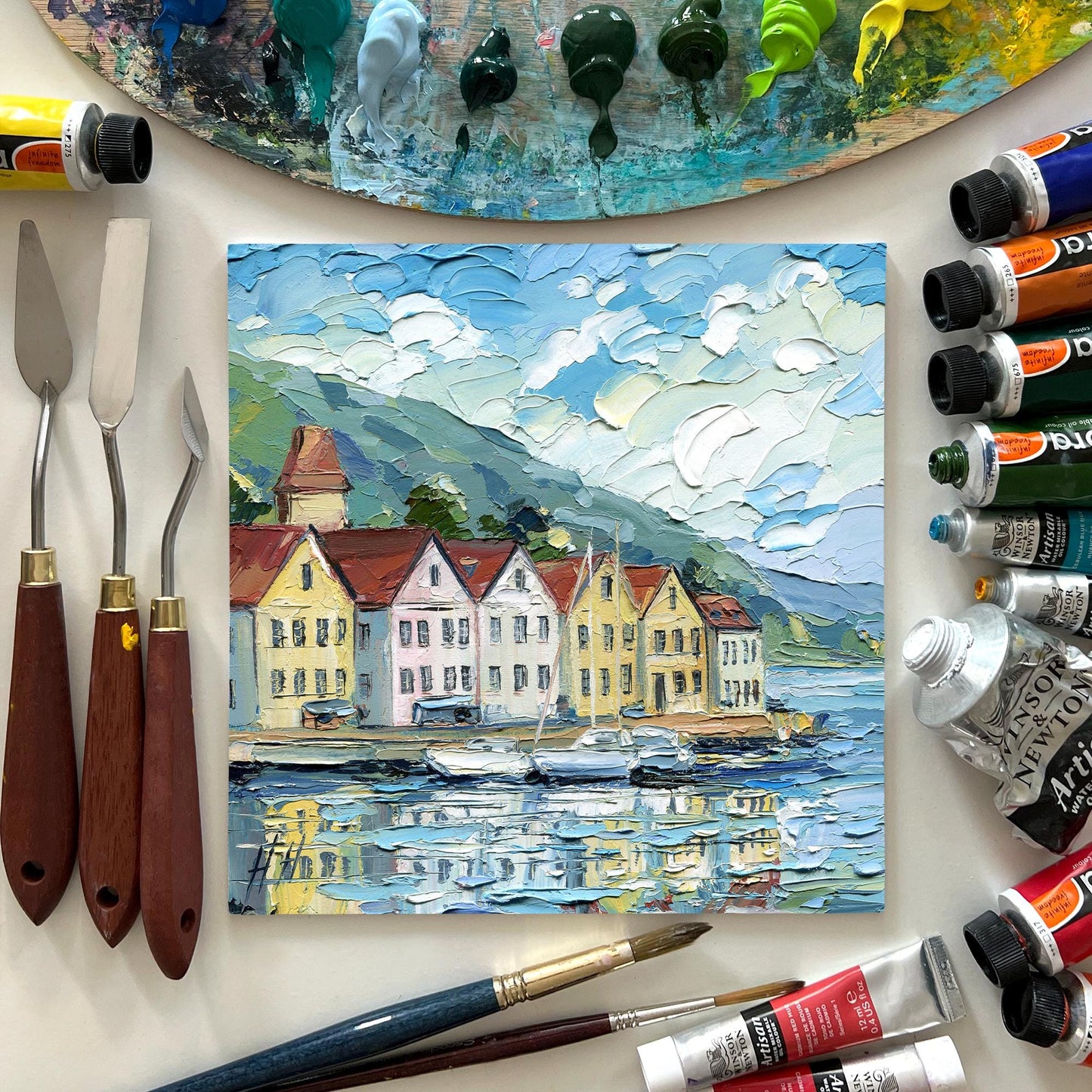 Bergen Harbor Oil Painting Colorful Scandinavian Houses by Water Nordic Coastal Landscape Original Art