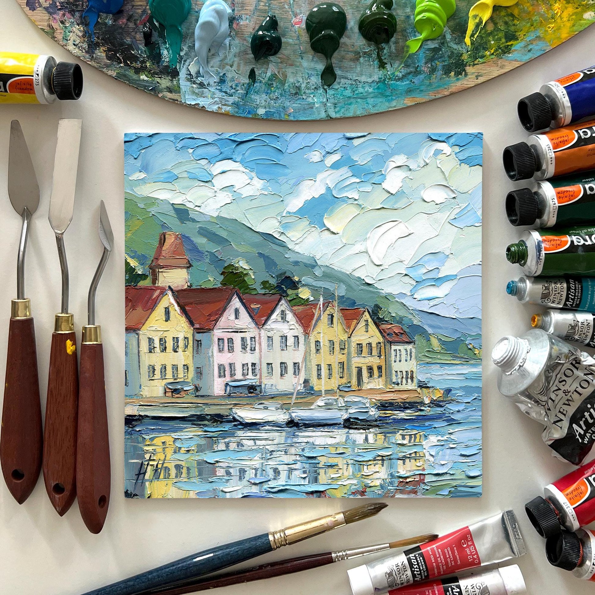Bergen Harbor Oil Painting Colorful Scandinavian Houses by Water Nordic Coastal Landscape Original Art