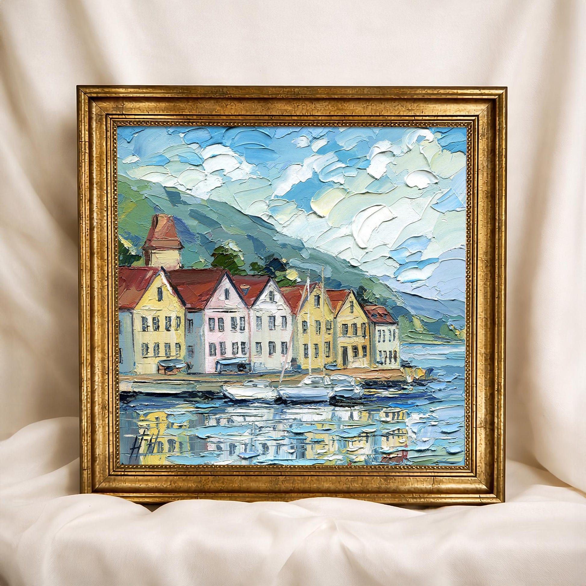 Bergen Harbor Oil Painting Colorful Scandinavian Houses by Water Nordic Coastal Landscape Original Art