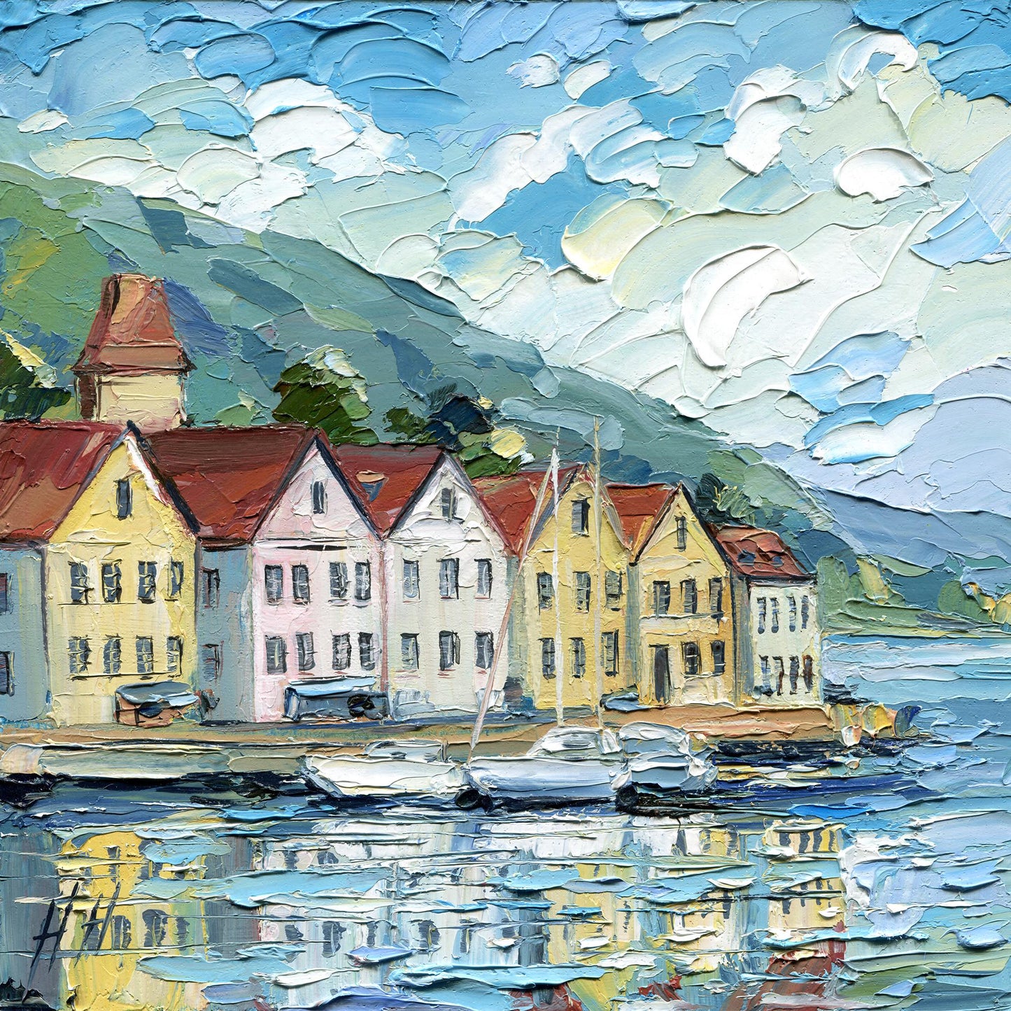 Bergen Harbor Oil Painting Colorful Scandinavian Houses by Water Nordic Coastal Landscape Original Art