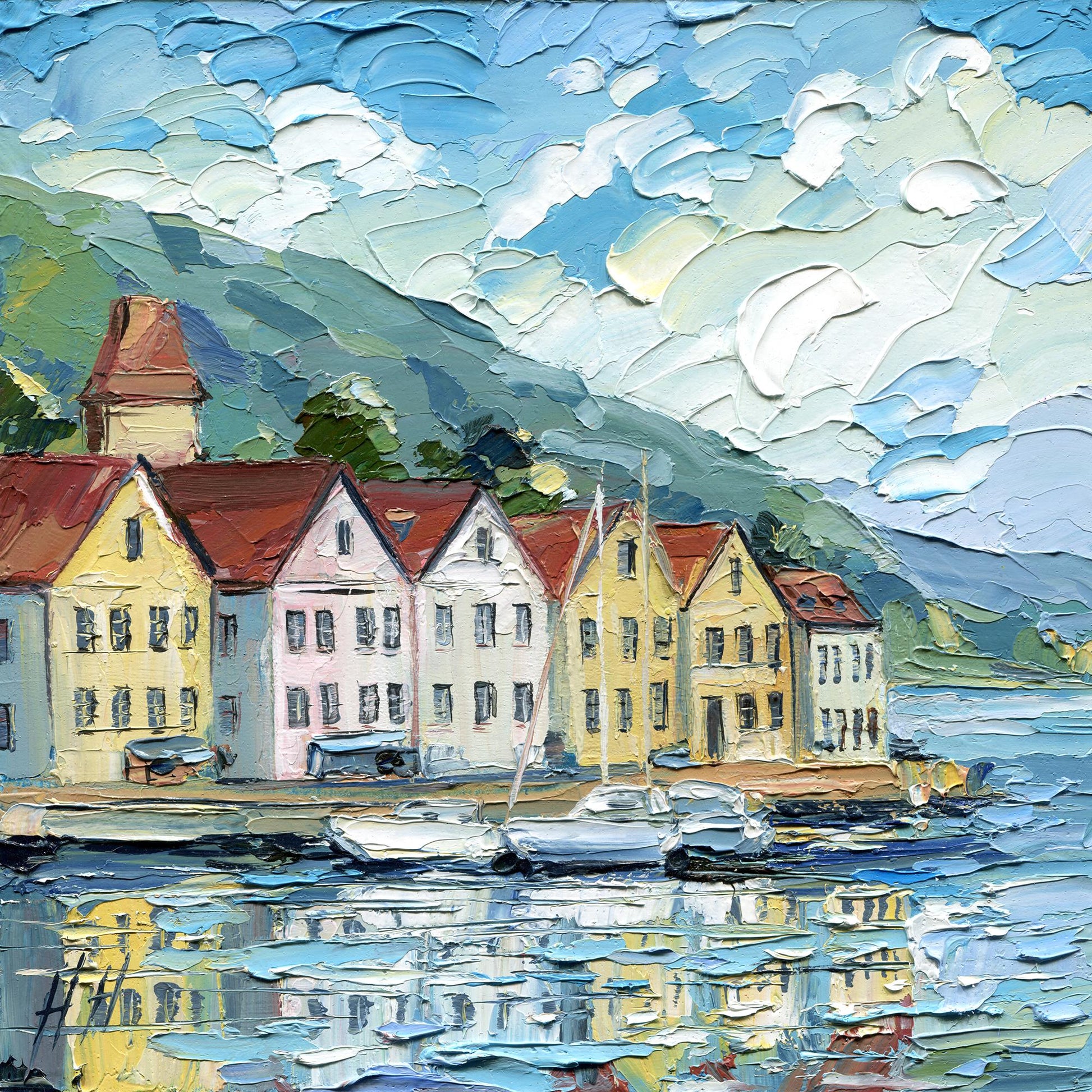 Bergen Harbor Oil Painting Colorful Scandinavian Houses by Water Nordic Coastal Landscape Original Art