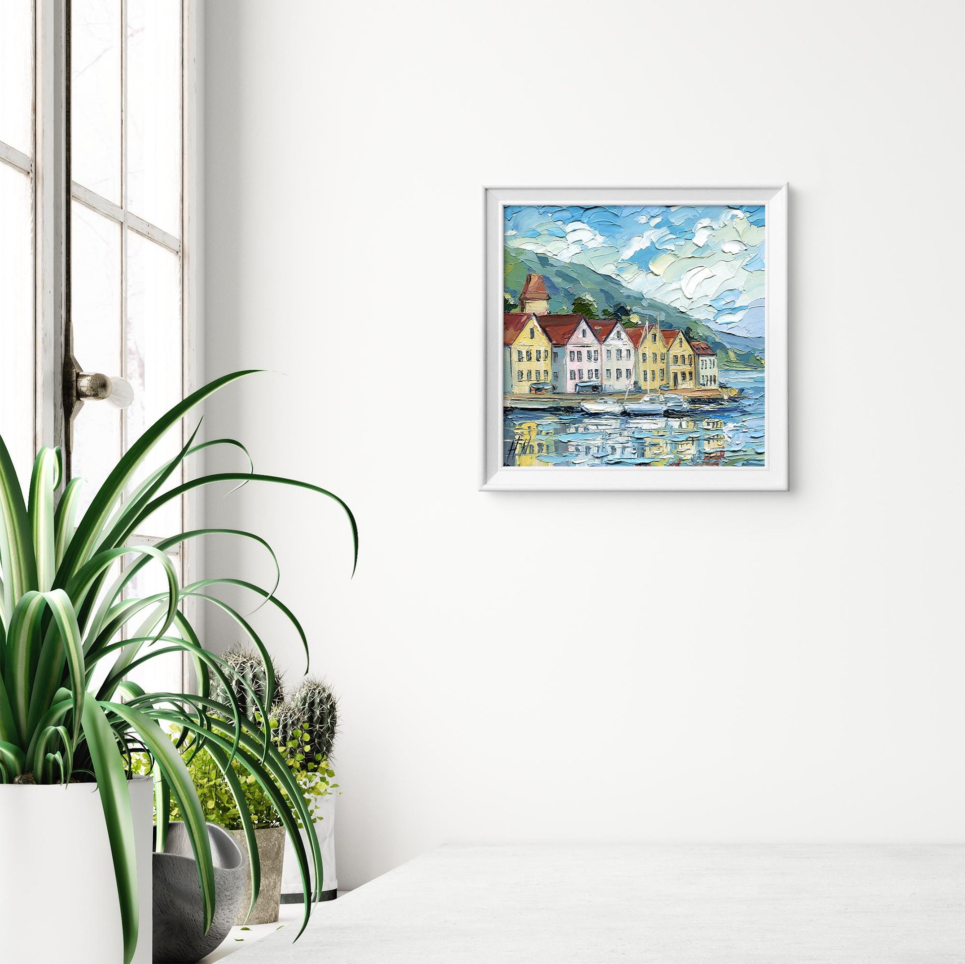 Bergen Harbor Oil Painting Colorful Scandinavian Houses by Water Nordic Coastal Landscape Original Art