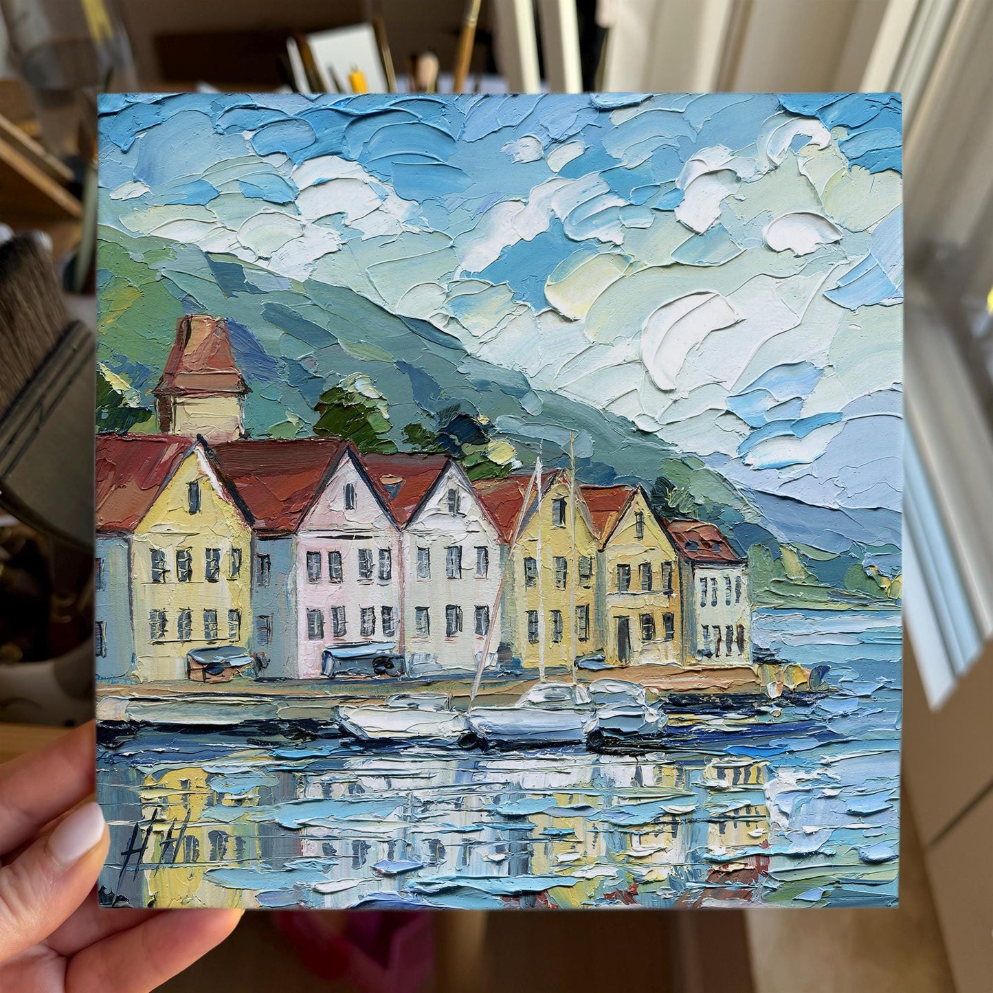 Bergen Harbor Oil Painting Colorful Scandinavian Houses by Water Nordic Coastal Landscape Original Art
