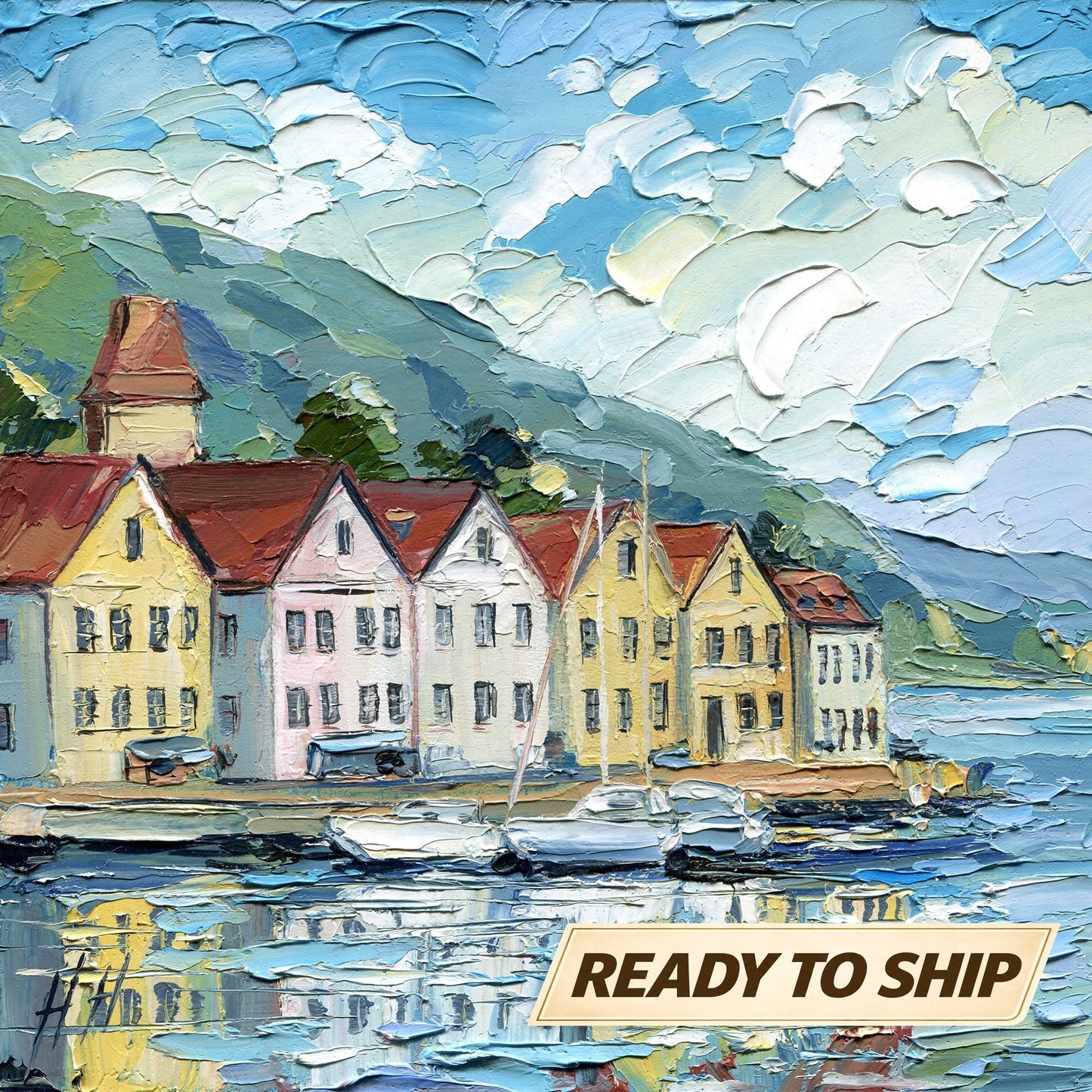 Bergen Harbor Oil Painting Colorful Scandinavian Houses by Water Nordic Coastal Landscape Original Art