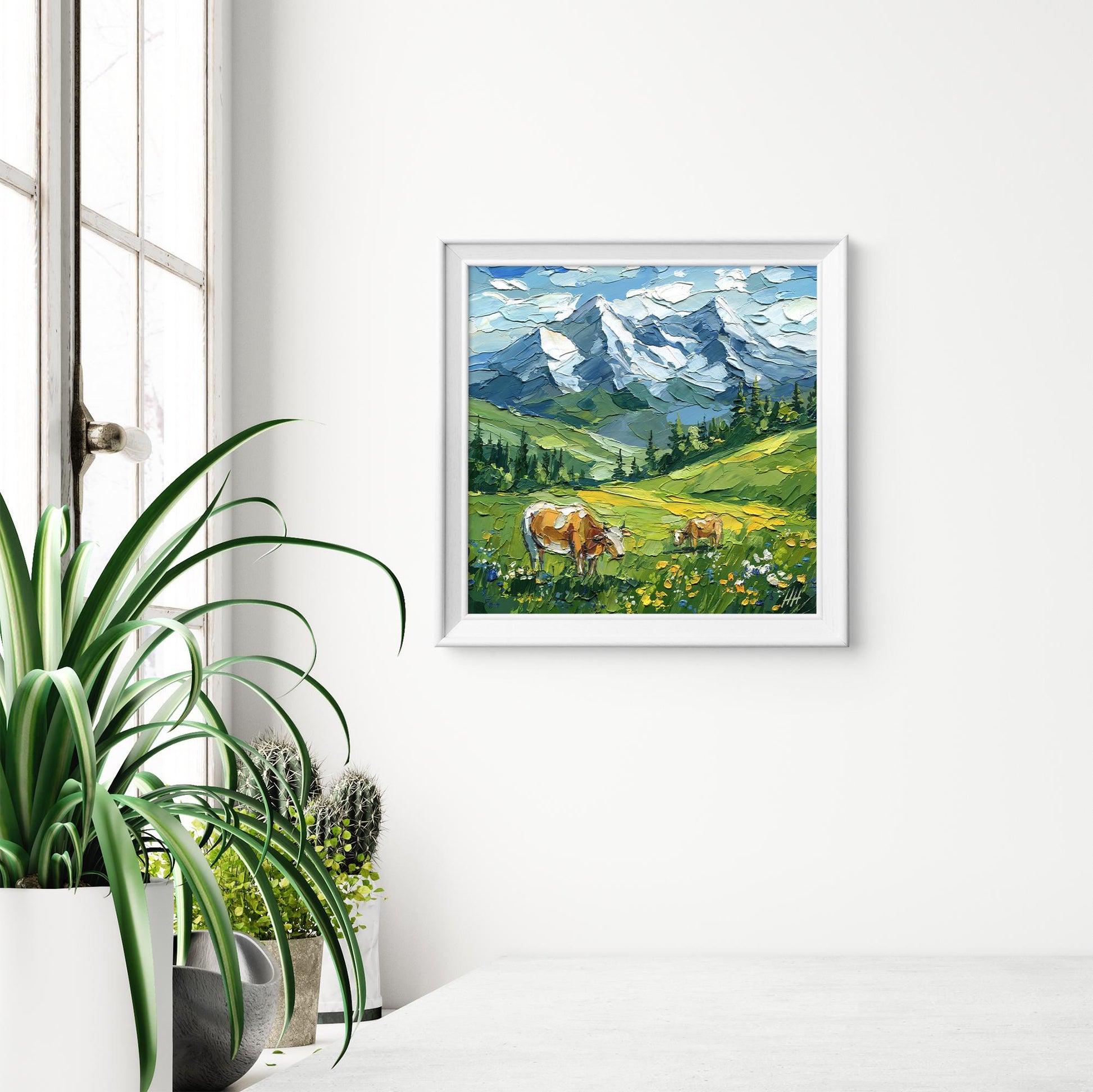 Original Alpine Landscape Oil Painting, Mountain Art with Cows, Textured Impasto Meadow Wall Decor
