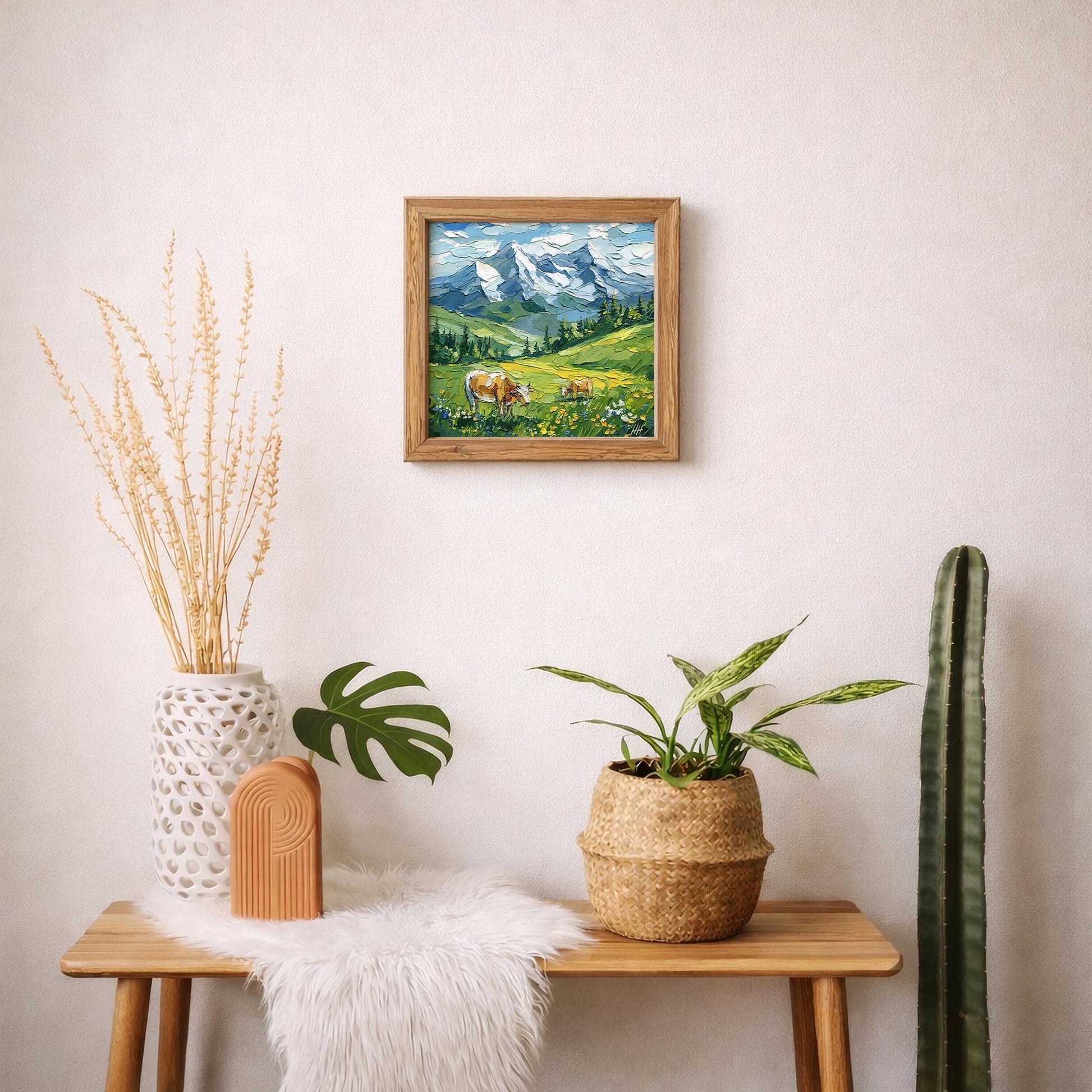 Original Alpine Landscape Oil Painting, Mountain Art with Cows, Textured Impasto Meadow Wall Decor