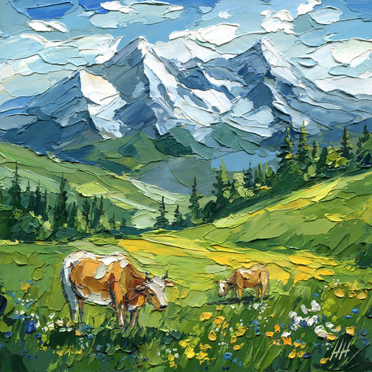 Original Alpine Landscape Oil Painting, Mountain Art with Cows, Textured Impasto Meadow Wall Decor