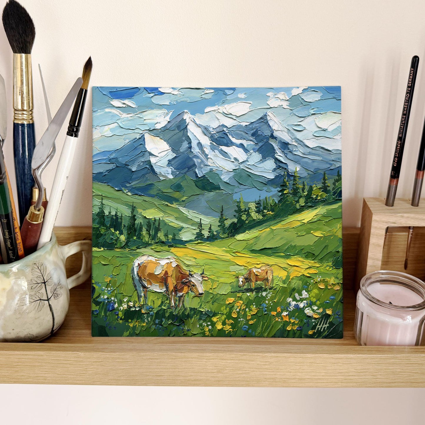 Original Alpine Landscape Oil Painting, Mountain Art with Cows, Textured Impasto Meadow Wall Decor