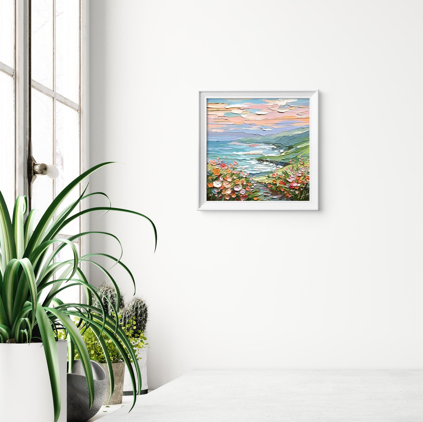 Coastal Meadow oil painting: textured landscape, impasto seascape wall art pastel flowers, green hills