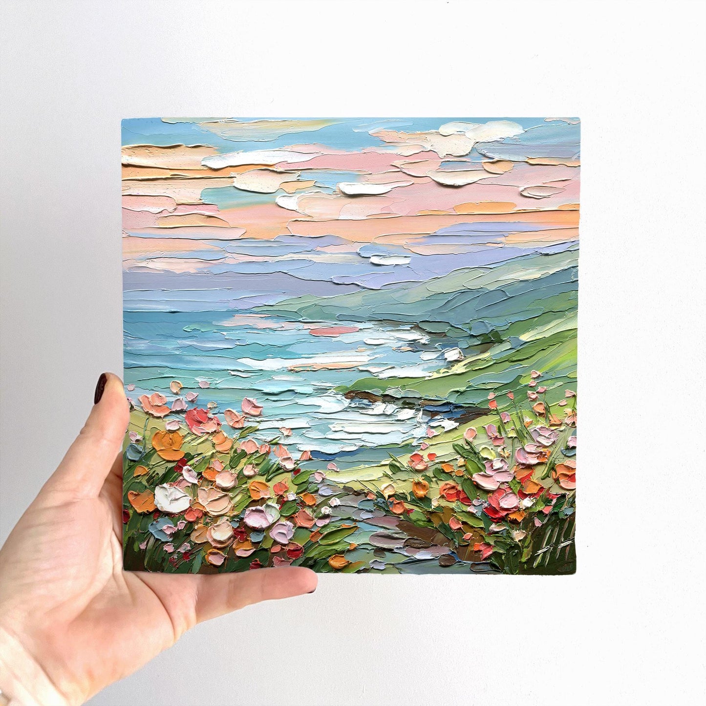 Coastal Meadow oil painting: textured landscape, impasto seascape wall art pastel flowers, green hills