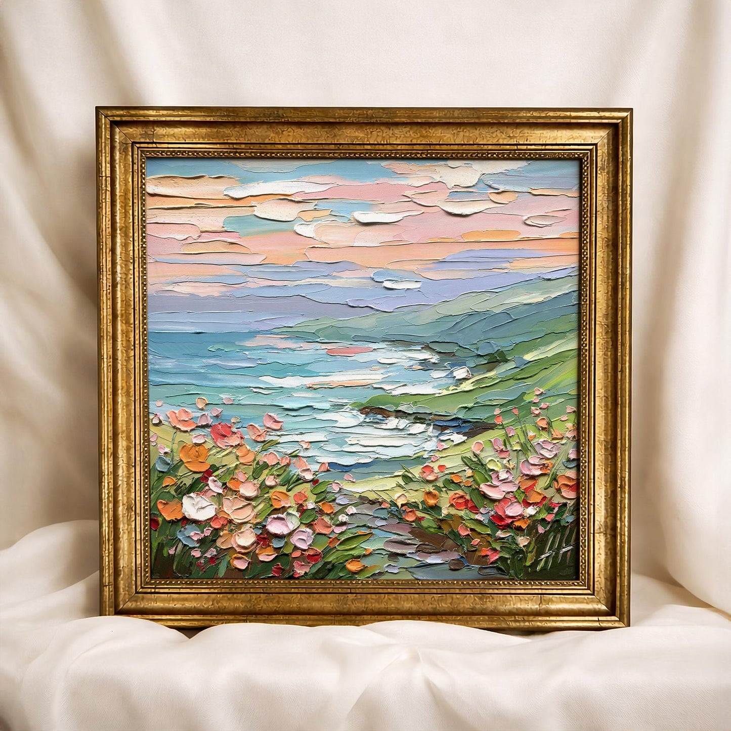 Coastal Meadow oil painting: textured landscape, impasto seascape wall art pastel flowers, green hills