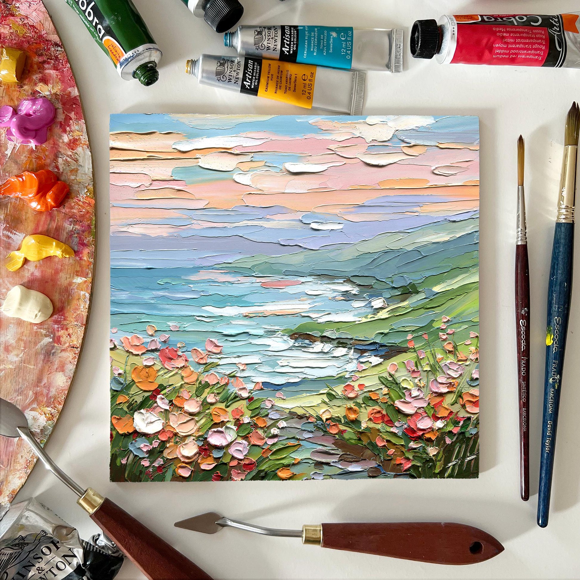 Coastal Meadow oil painting: textured landscape, impasto seascape wall art pastel flowers, green hills