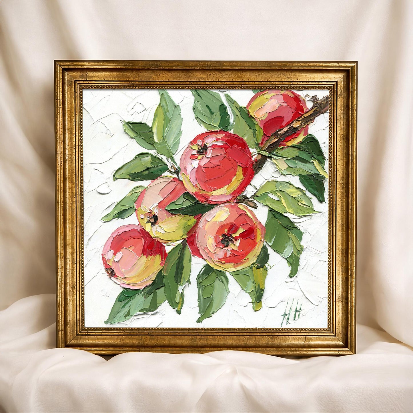 Red Apple oil painting: textured impasto still life fruit with green leaves, kitchen decor, original artwork