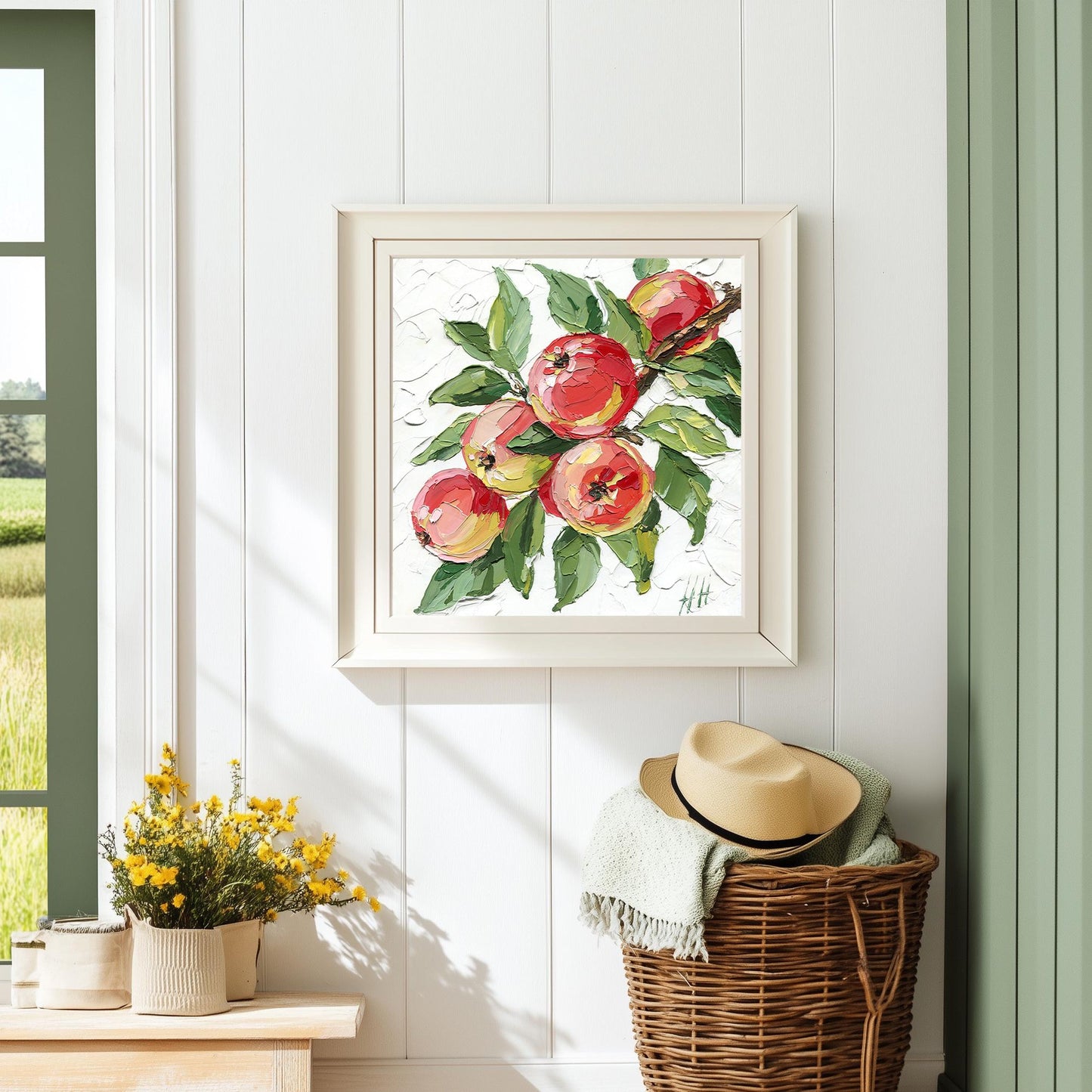 Red Apple oil painting: textured impasto still life fruit with green leaves, kitchen decor, original artwork
