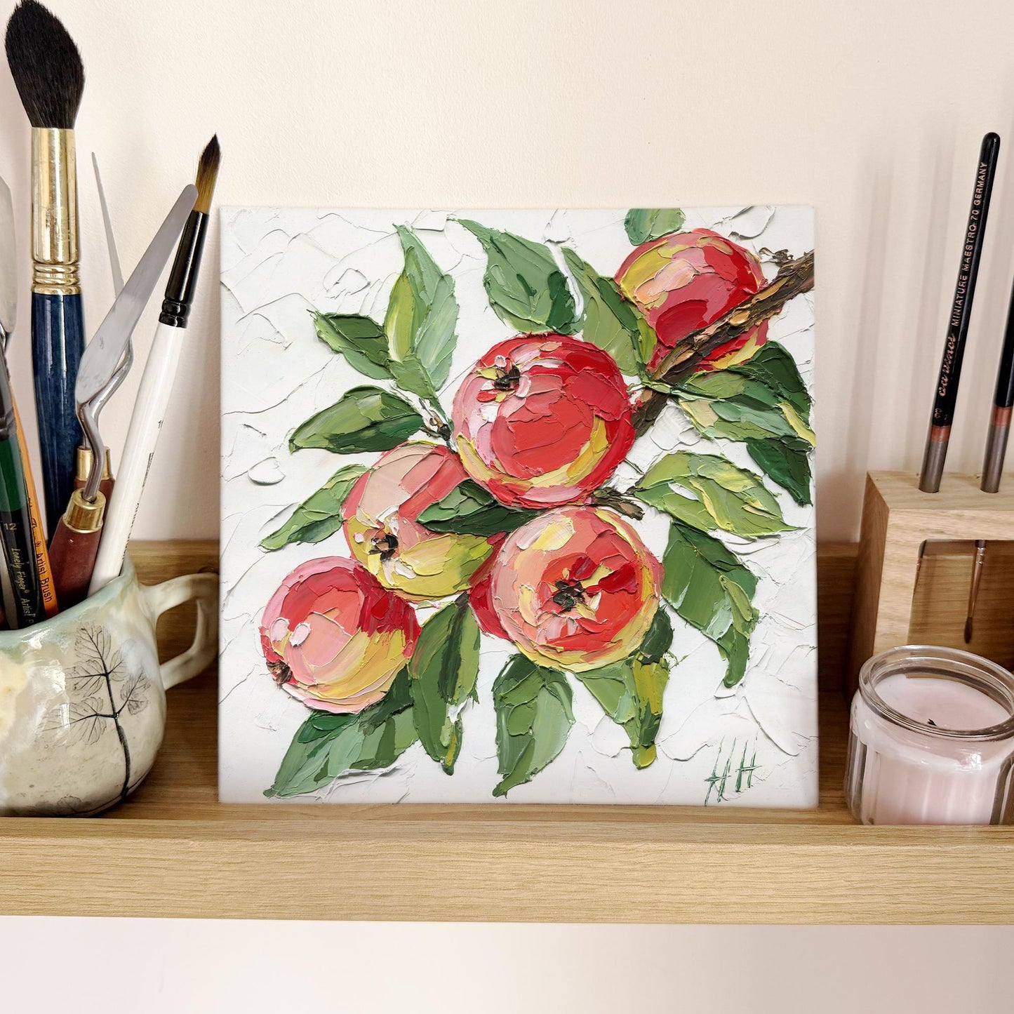 Red Apple oil painting: textured impasto still life fruit with green leaves, kitchen decor, original artwork