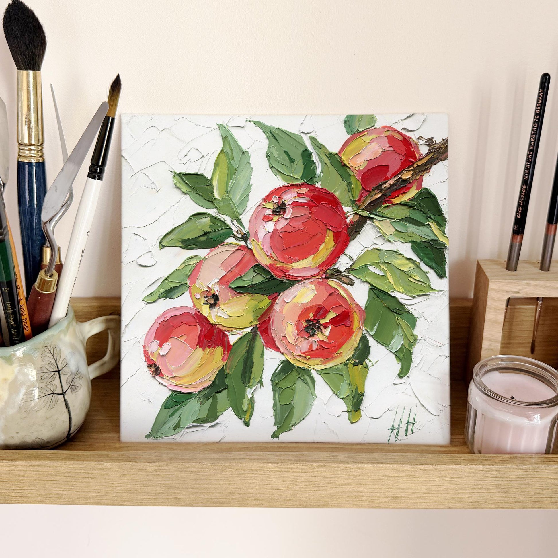 Red Apple oil painting: textured impasto still life fruit with green leaves, kitchen decor, original artwork