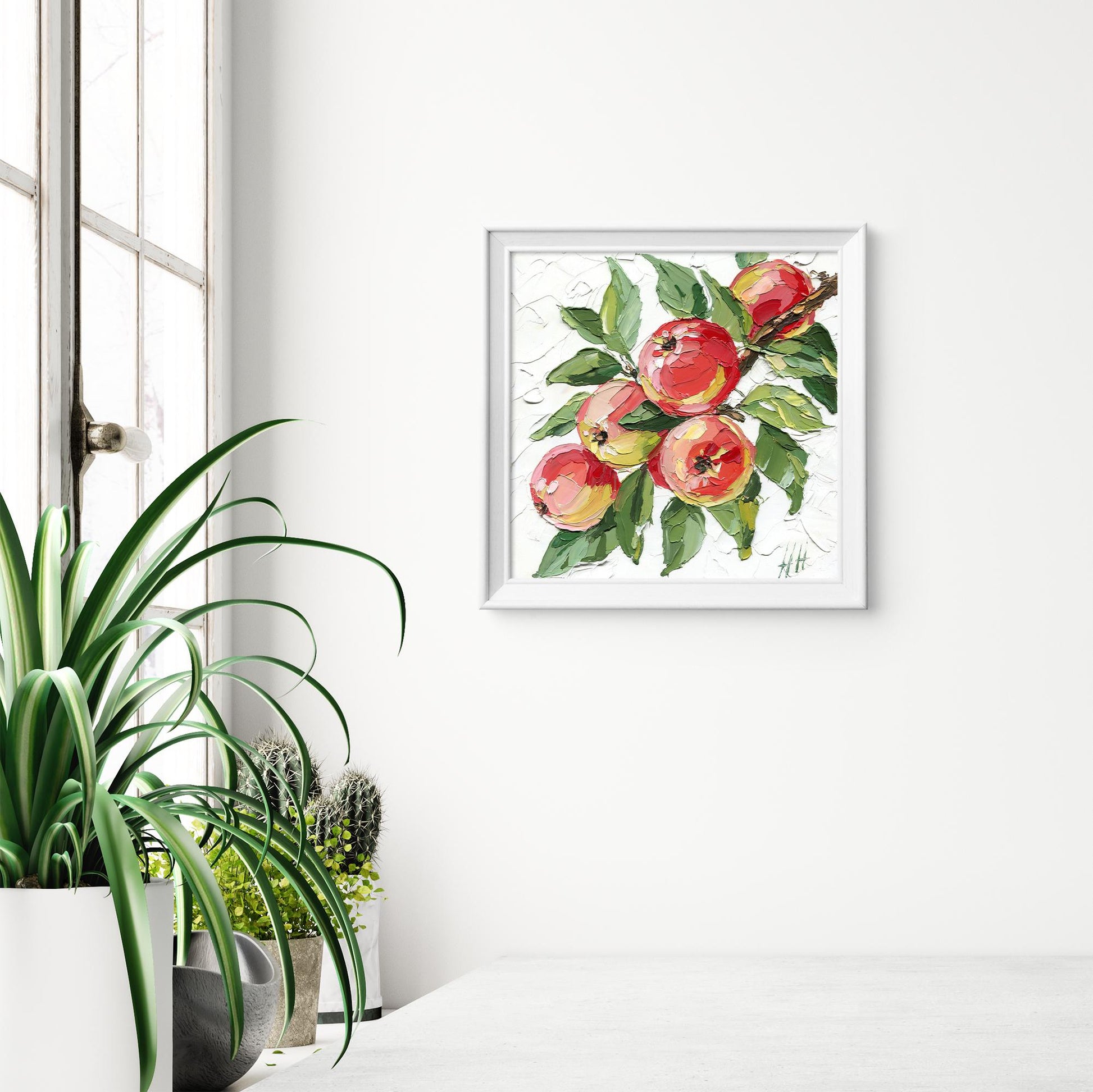 Red Apple oil painting: textured impasto still life fruit with green leaves, kitchen decor, original artwork