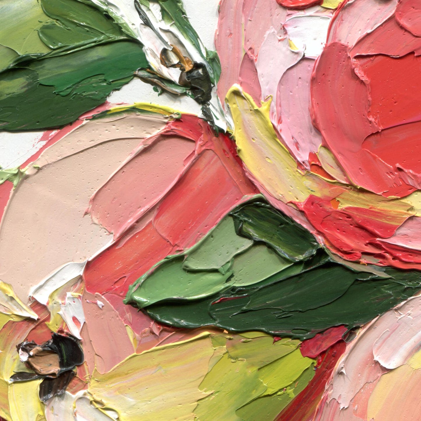 Red Apple oil painting: textured impasto still life fruit with green leaves, kitchen decor, original artwork