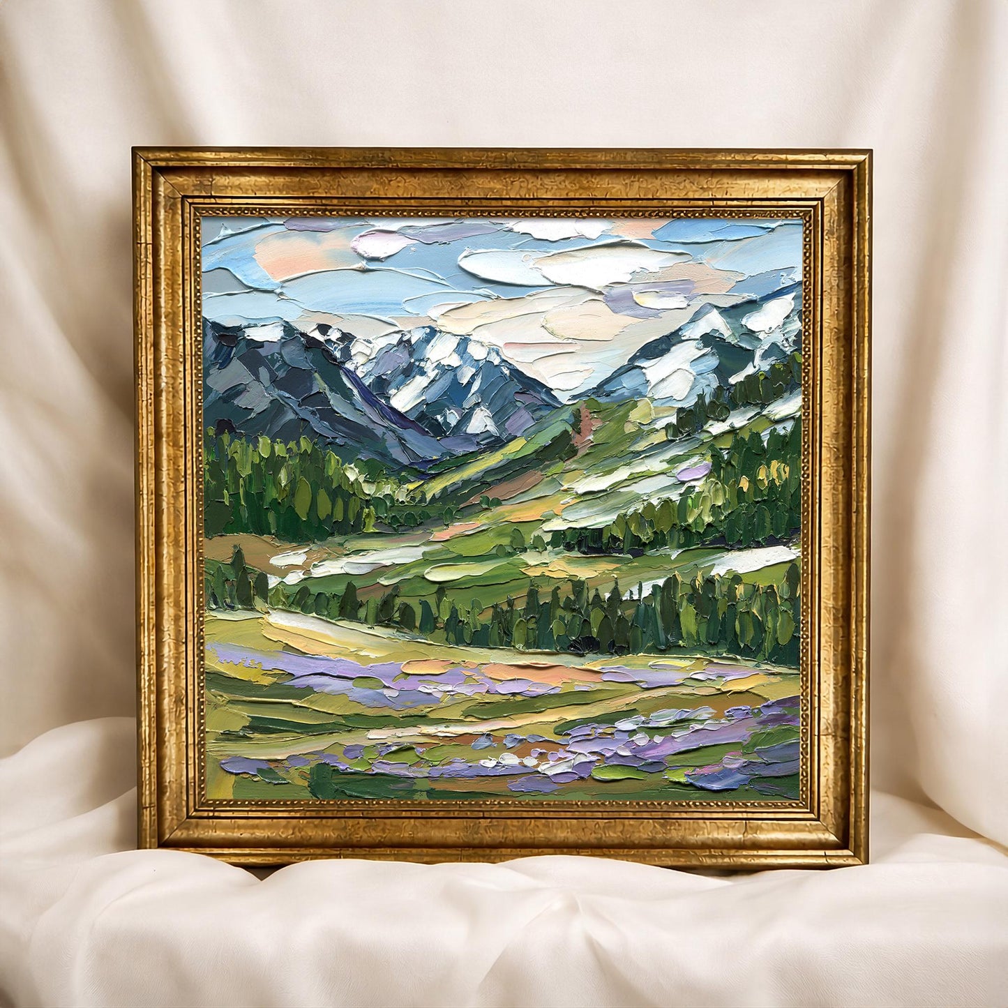Original Mountain Landscape Oil Painting, Textured Impasto Alpine Valley Wall Art, Nature Decor