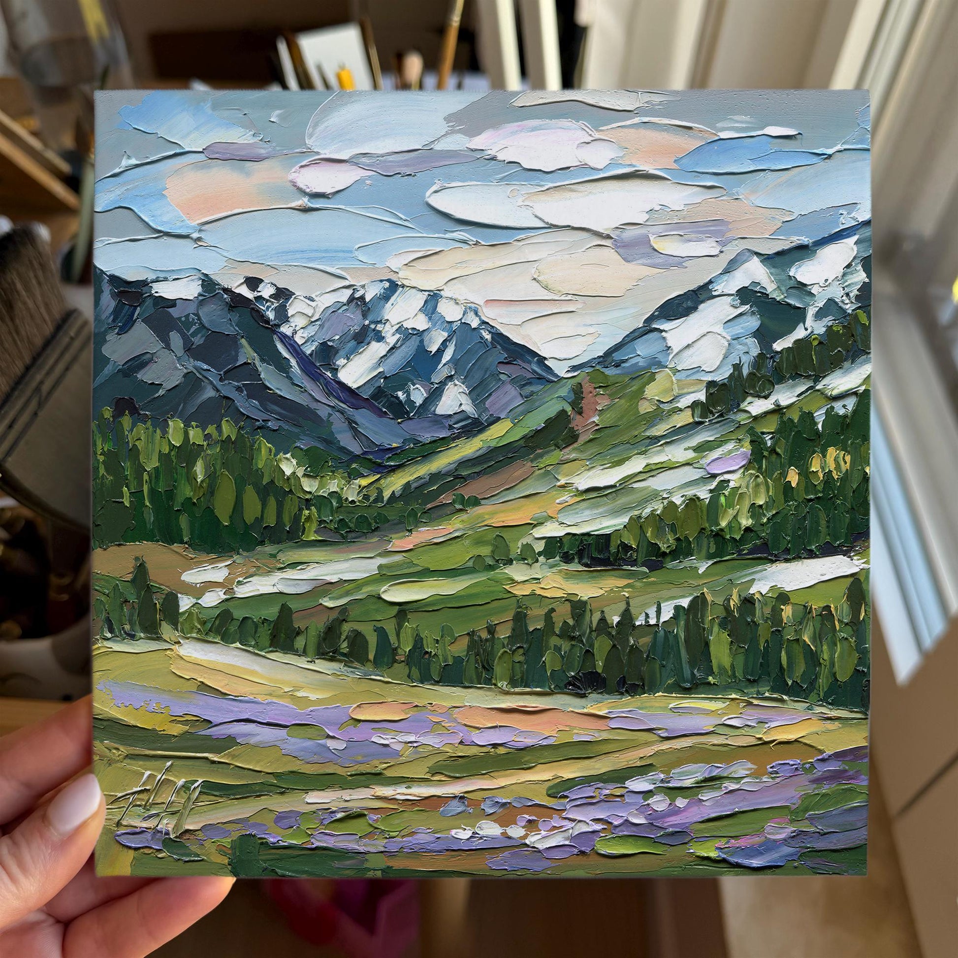 Original Mountain Landscape Oil Painting, Textured Impasto Alpine Valley Wall Art, Nature Decor