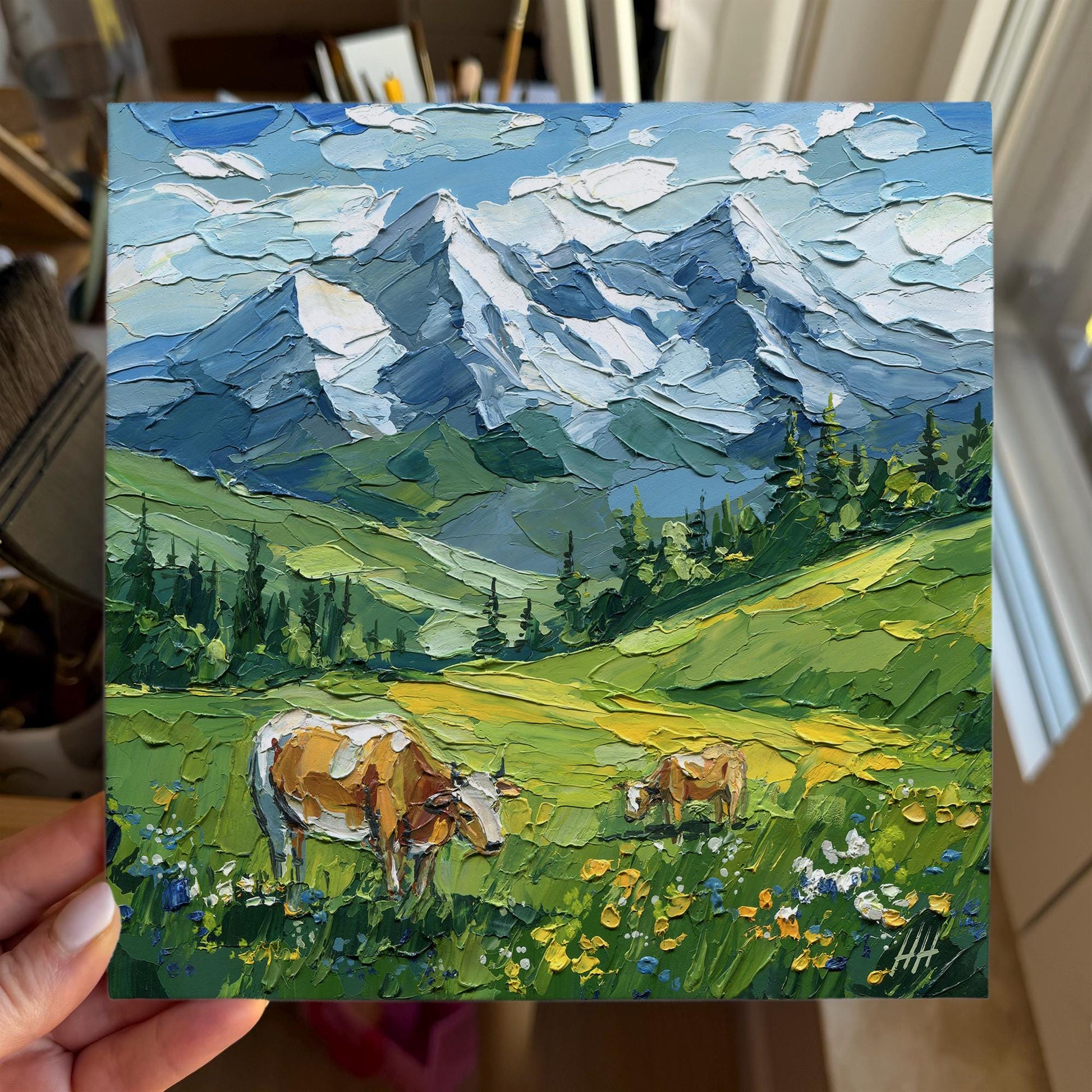 Original Alpine Landscape Oil Painting, Mountain Art with Cows, Textured Impasto Meadow Wall Decor