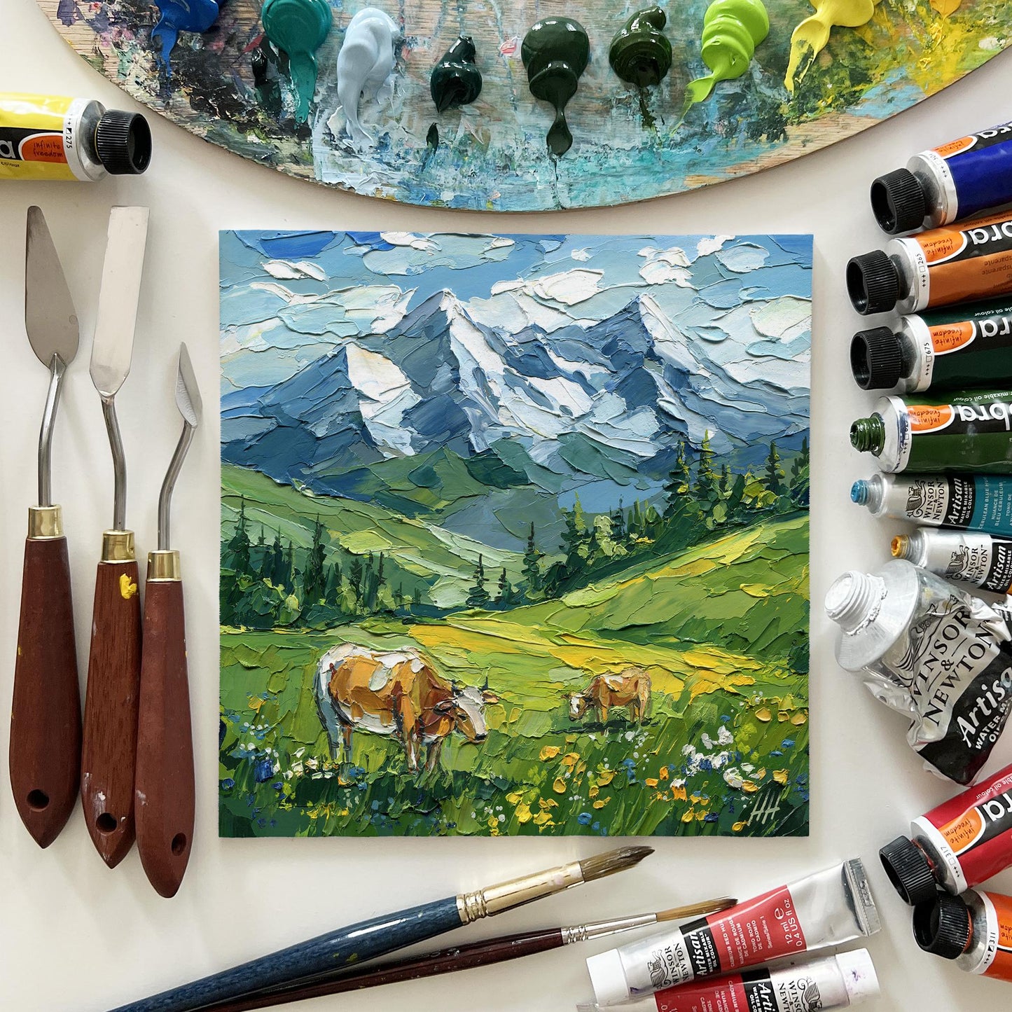Original Alpine Landscape Oil Painting, Mountain Art with Cows, Textured Impasto Meadow Wall Decor