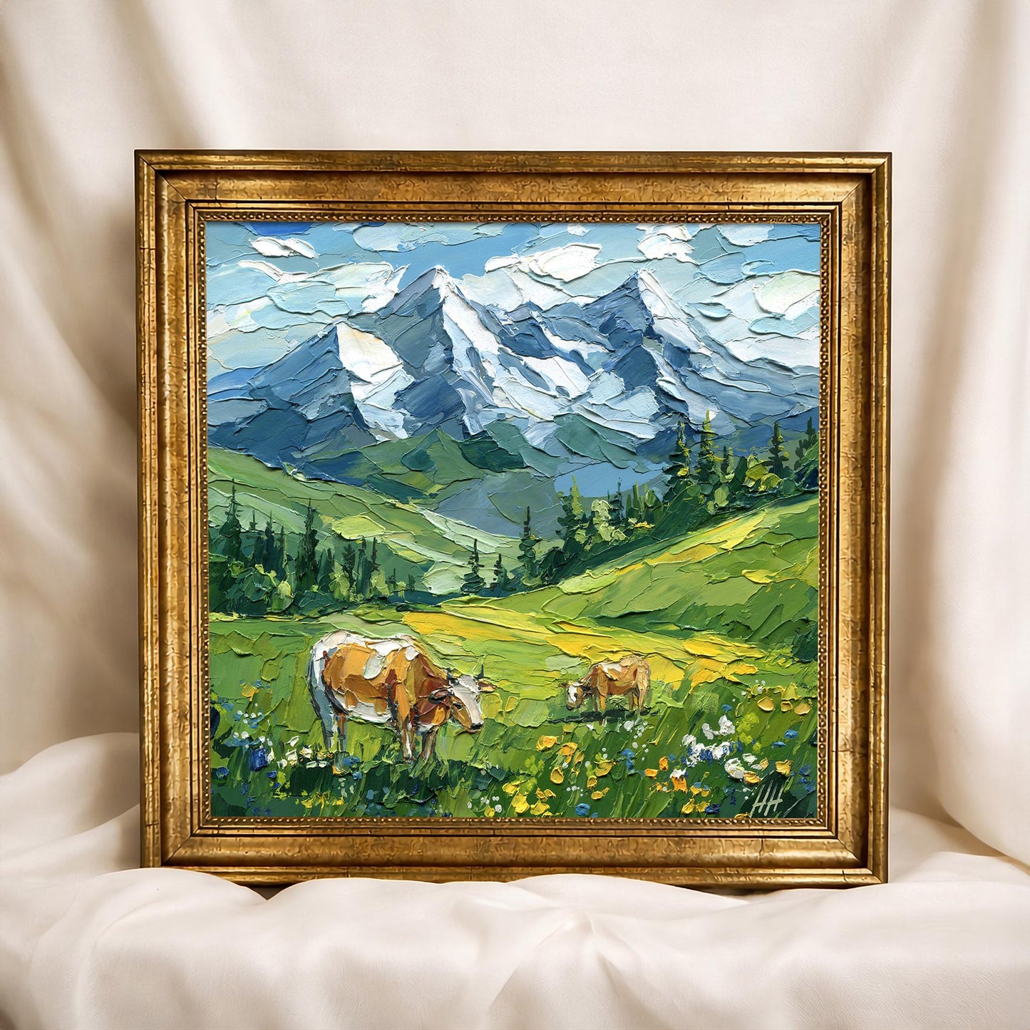 Original Alpine Landscape Oil Painting, Mountain Art with Cows, Textured Impasto Meadow Wall Decor