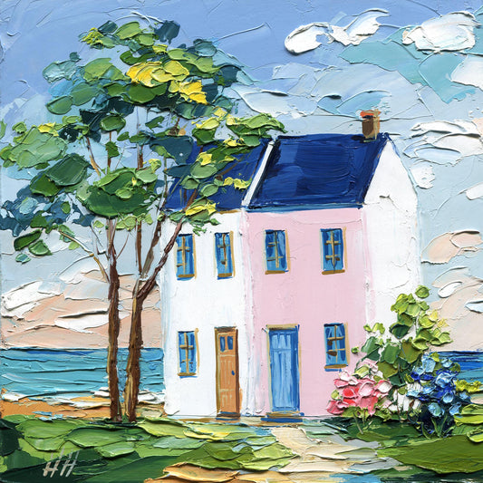 Coastal Cottage Oil Painting, Original Seascape Art with Pink House, Textured Impasto Wall Decor